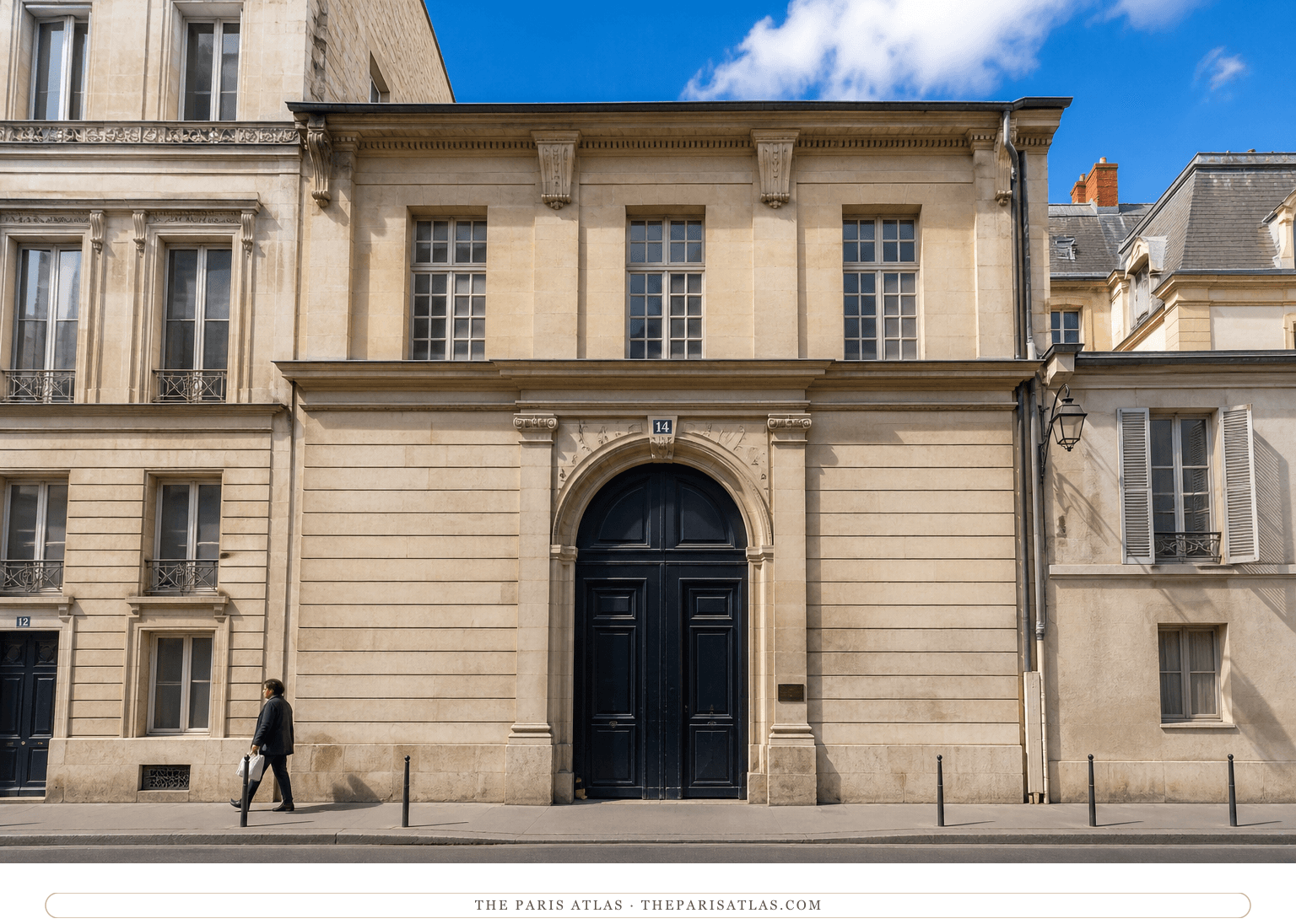 Colour photorealistic view of 14 rue Saint-Guillaume beneath a bright blue sky