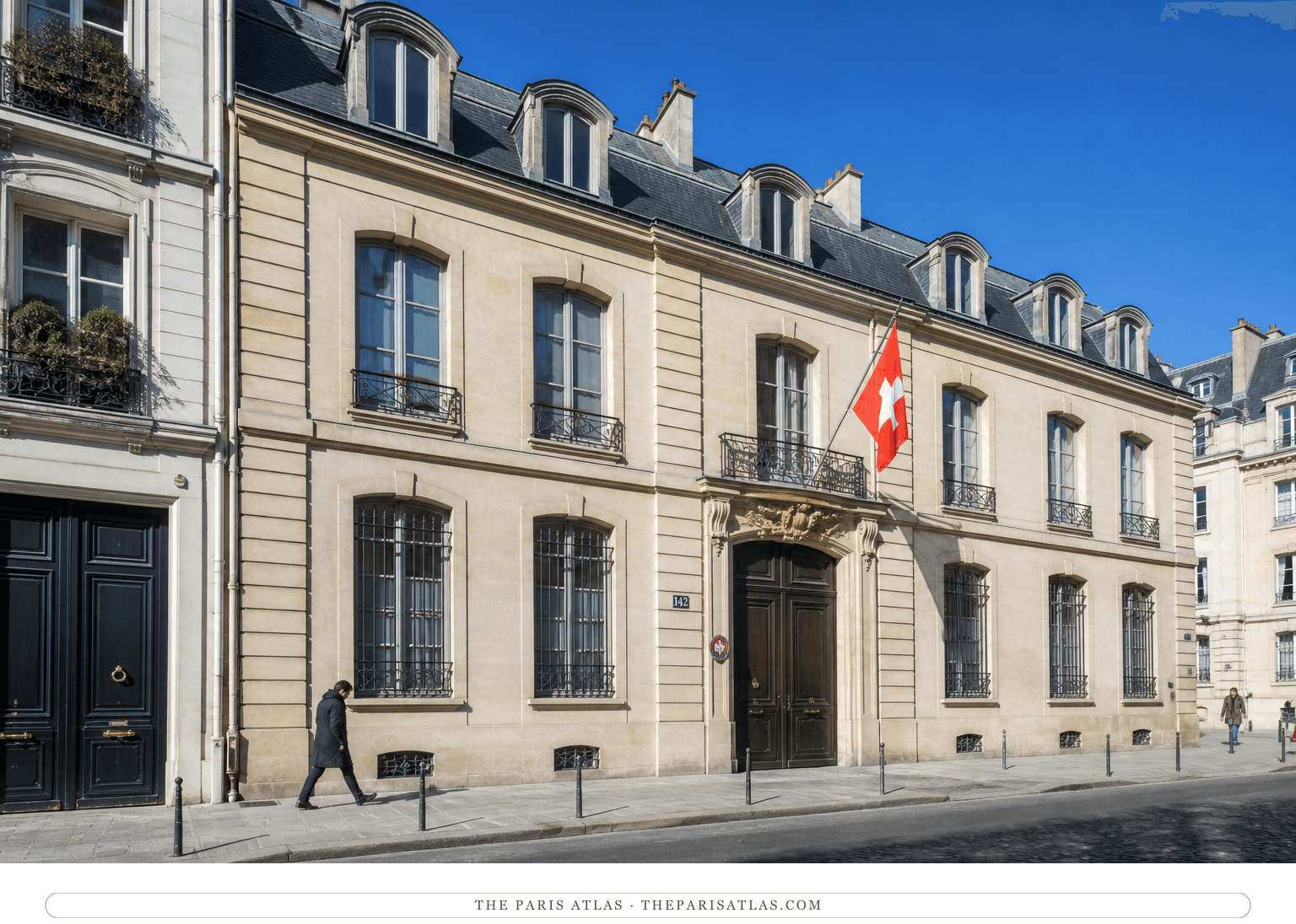 Colour photorealistic view of 142 rue de Grenelle and the Swiss flag beneath a blue sky