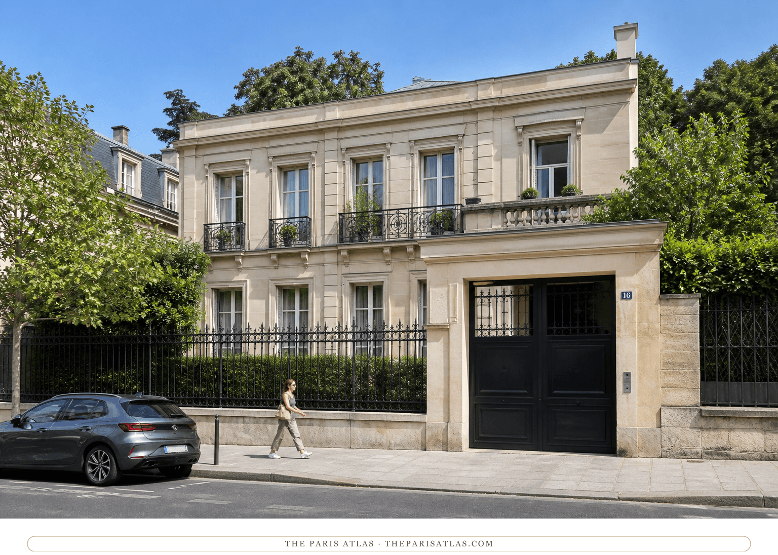 Colour photorealistic view of 16 rue Benjamin-Franklin beneath a bright blue sky