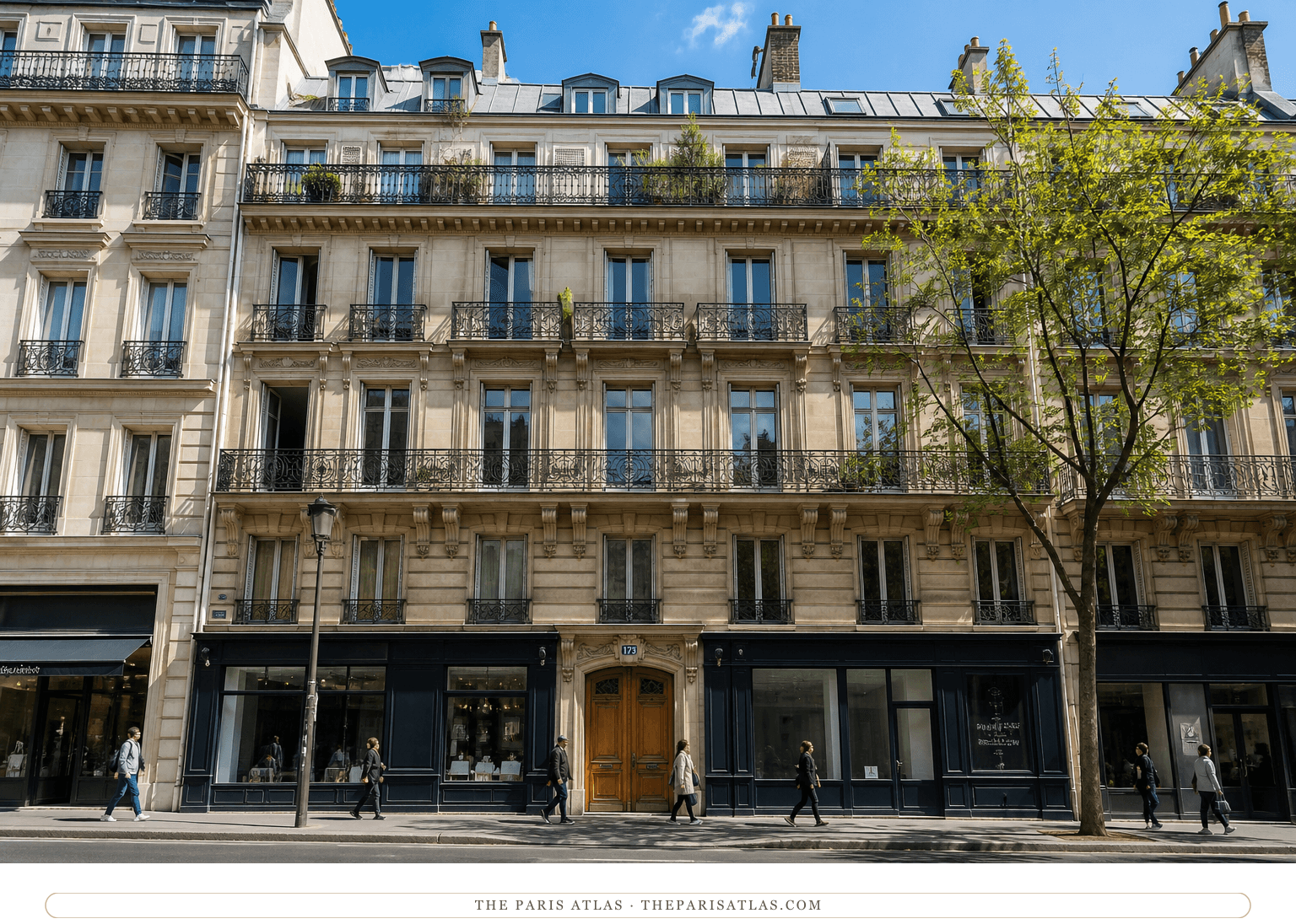 Colour photorealistic view of 173 boulevard Saint-Germain beneath a bright blue sky