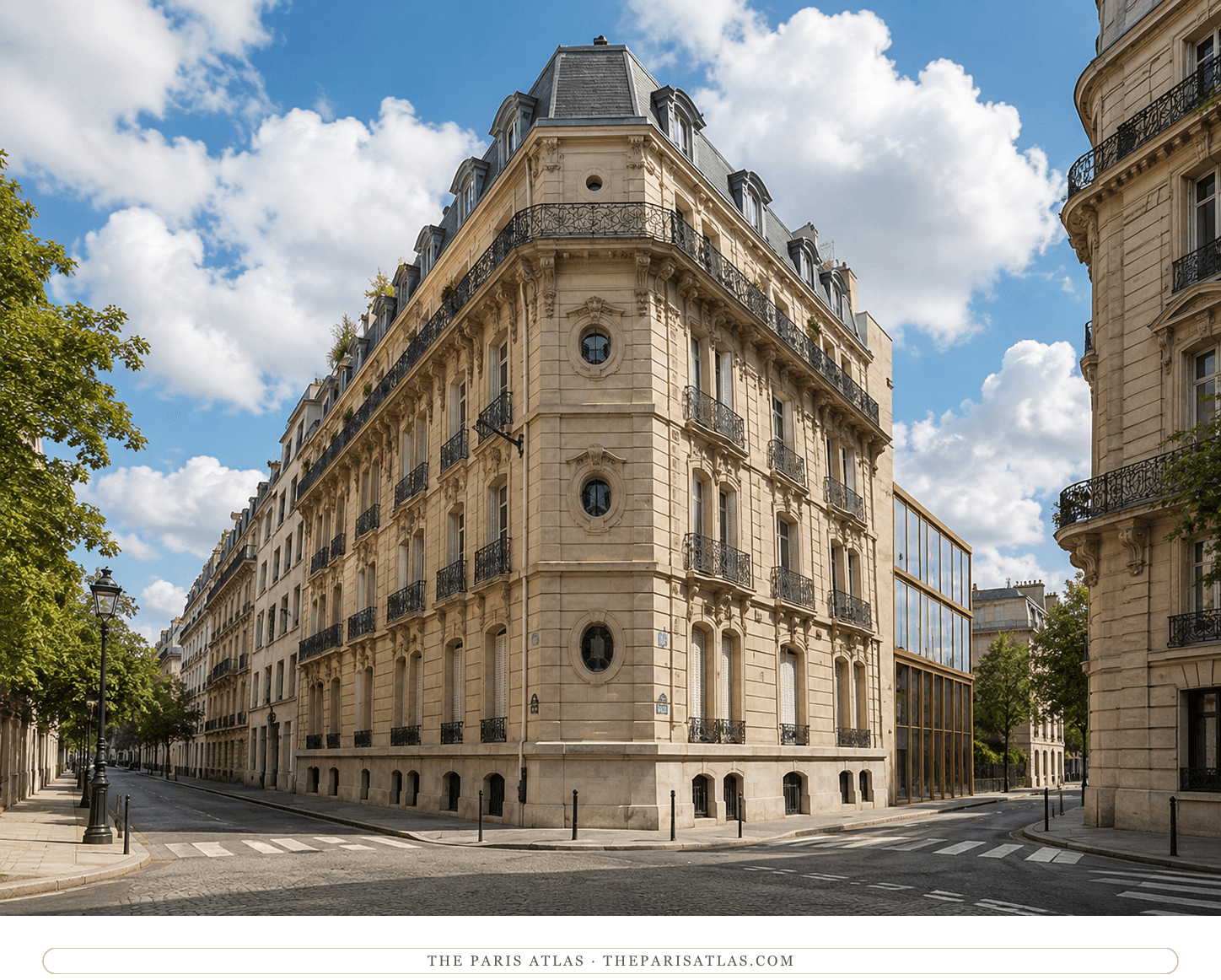 The same Haussmann-era building rendered in colour, an imagined reconstruction
