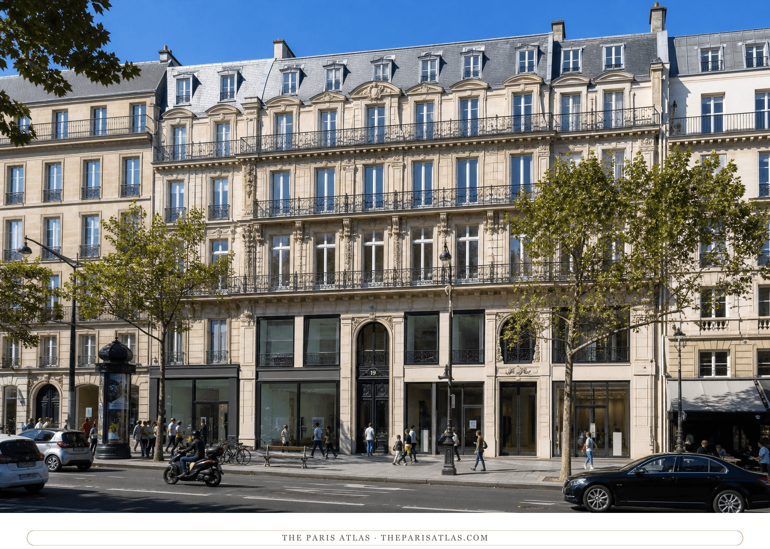 Colour photorealistic view of 19 boulevard Montmartre beneath a bright blue sky