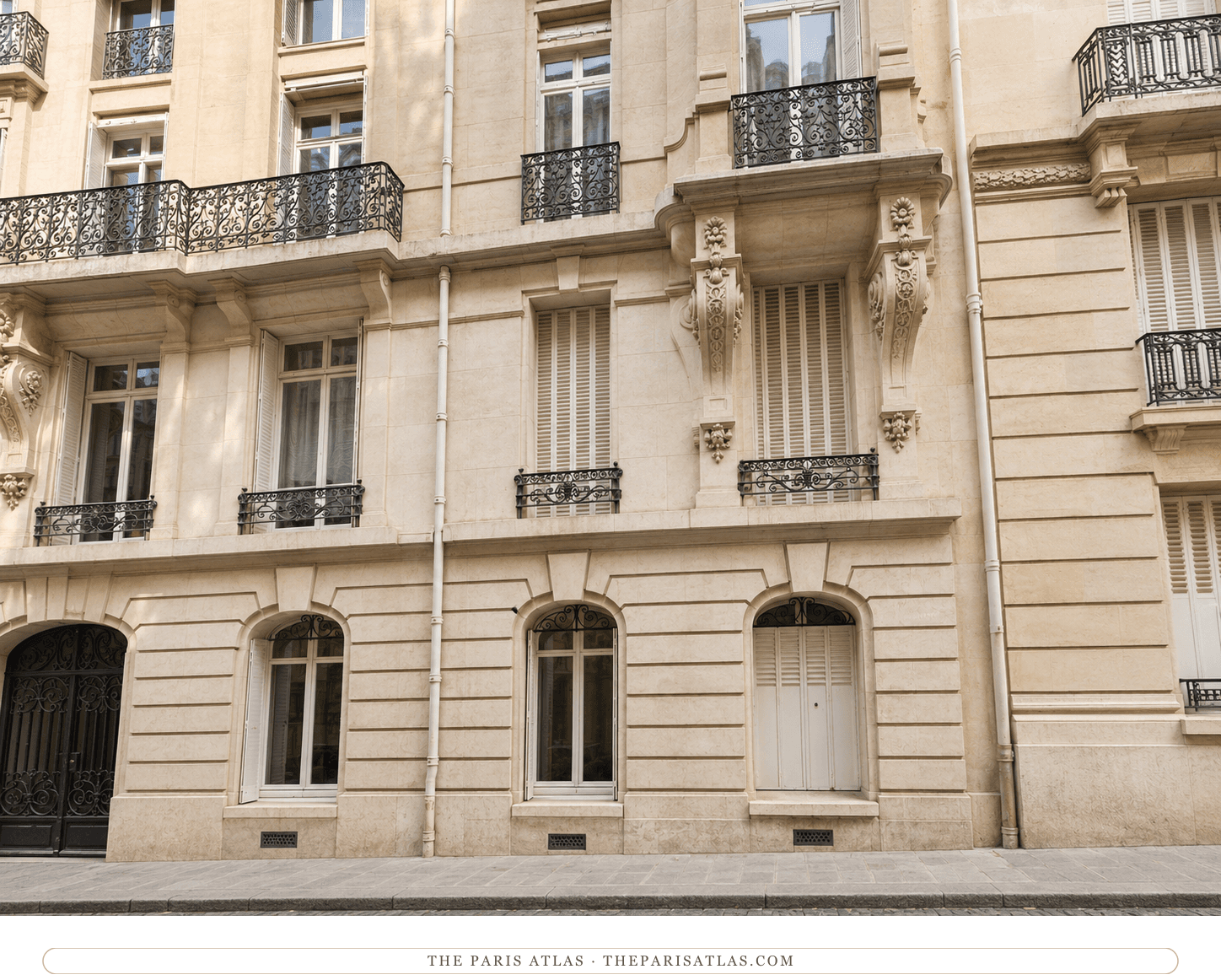 The 2 rue Georges-Ville frontage in colour, its stone balconies on a quiet street near the Avenue Foch