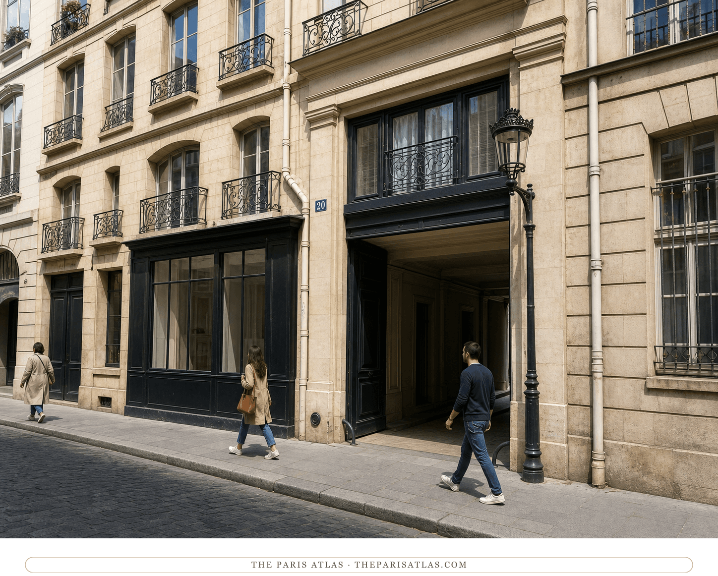 Present-day color view of the pale stone frontage and numbered entrance at 20 rue Jacob