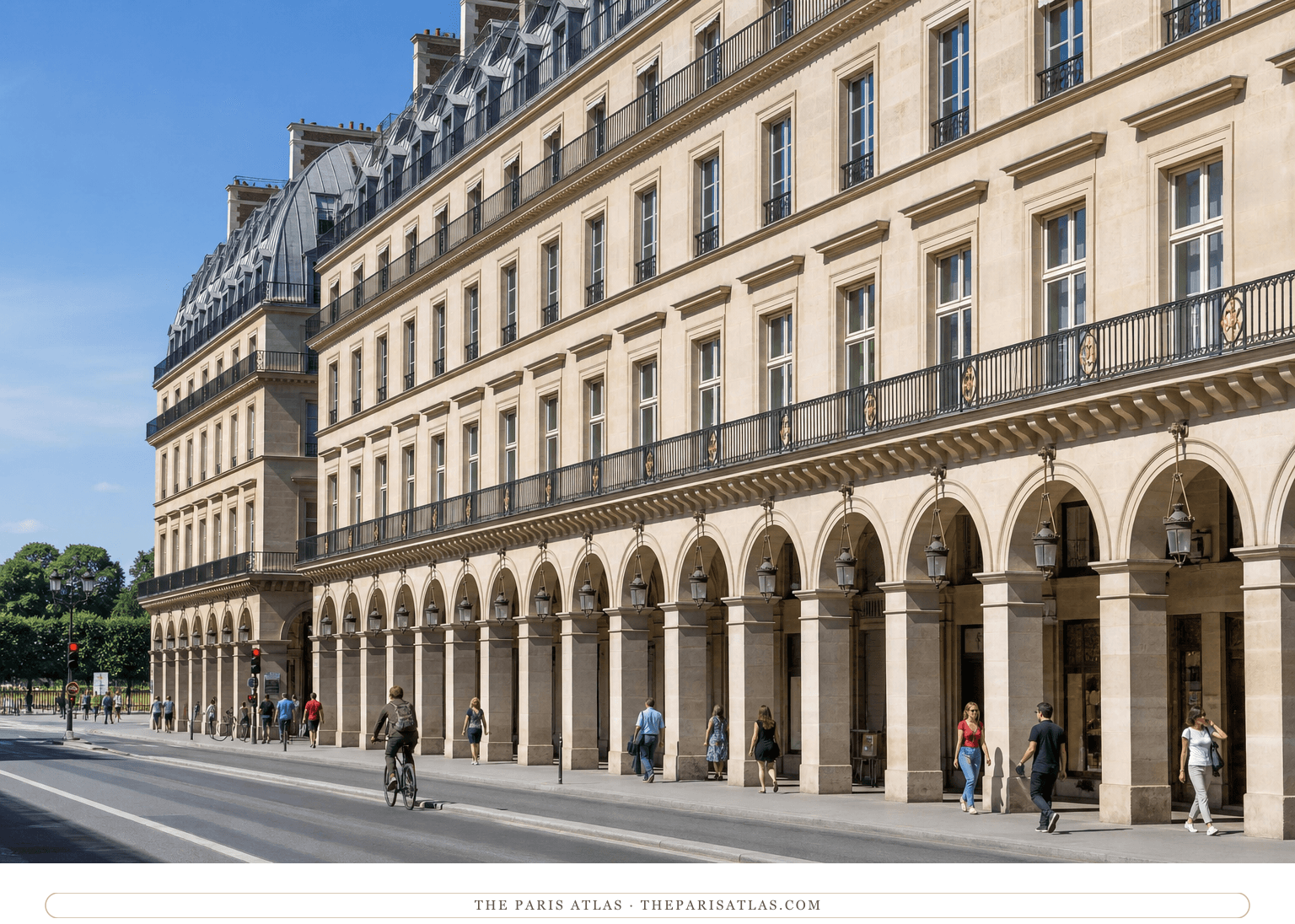 Bright color view of pedestrians beneath the pale stone rue de Rivoli arcades