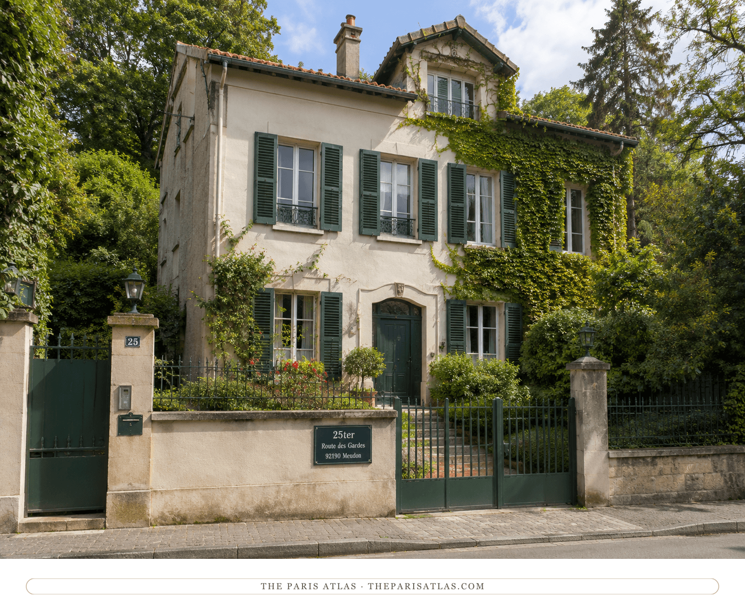 The Meudon pavilion in color — ivy over pale walls, green shutters, the address plaque on the garden wall