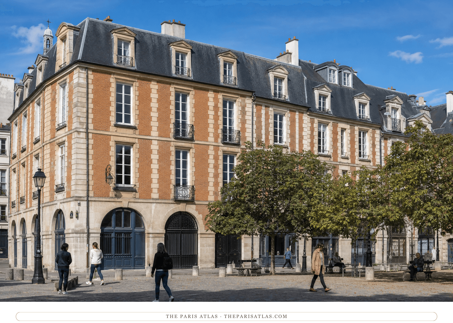 Bright color view of the red-brick and pale-stone Place Dauphine façade