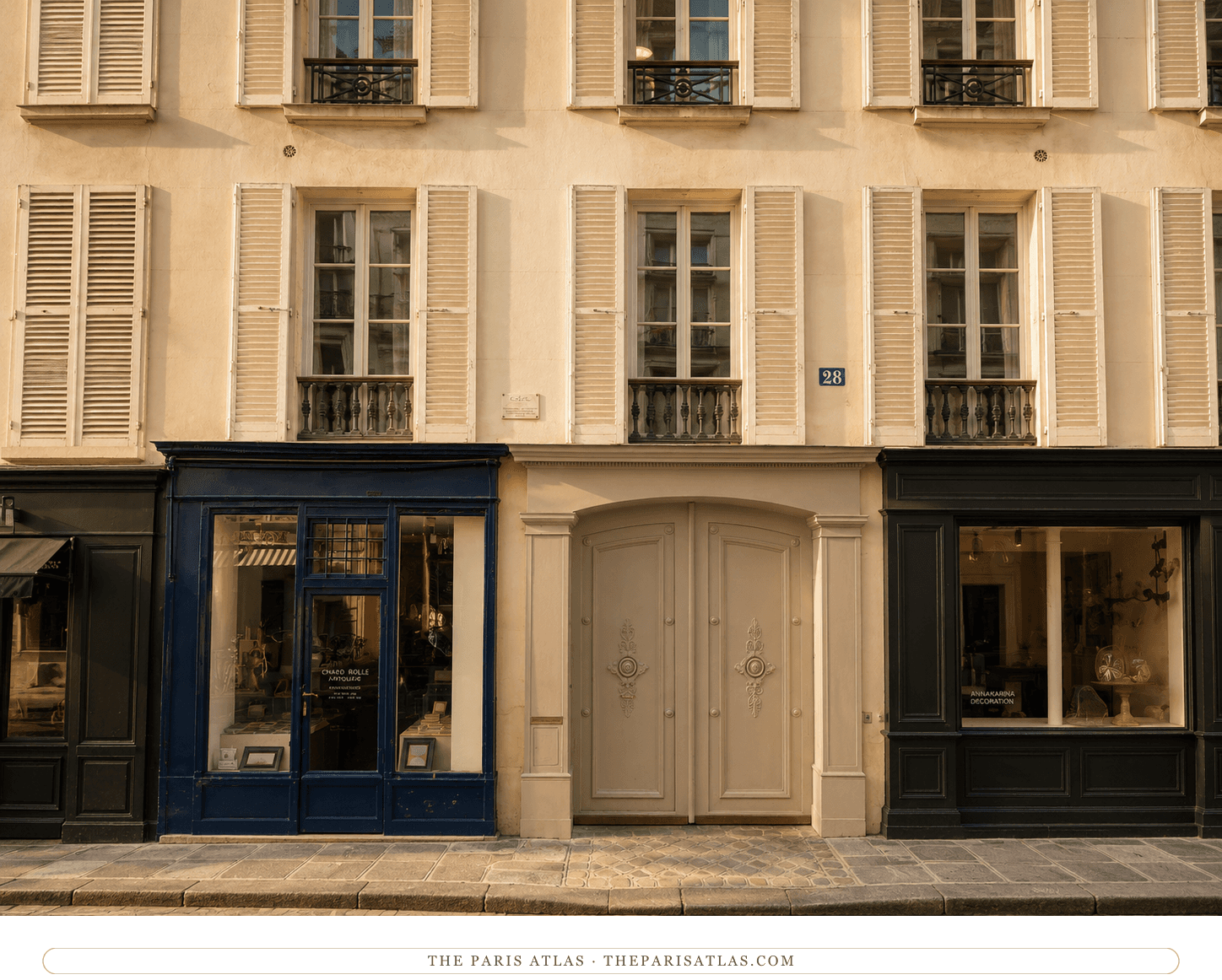 The 28 rue Jacob frontage in colour, its shuttered windows and ground-floor shops on the Left Bank street