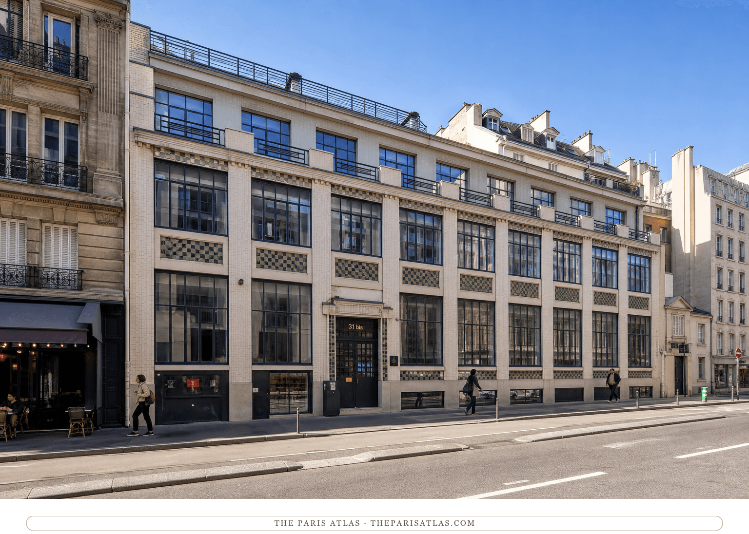 Colour photorealistic view of 31 bis rue Campagne-Premiere beneath a bright blue sky