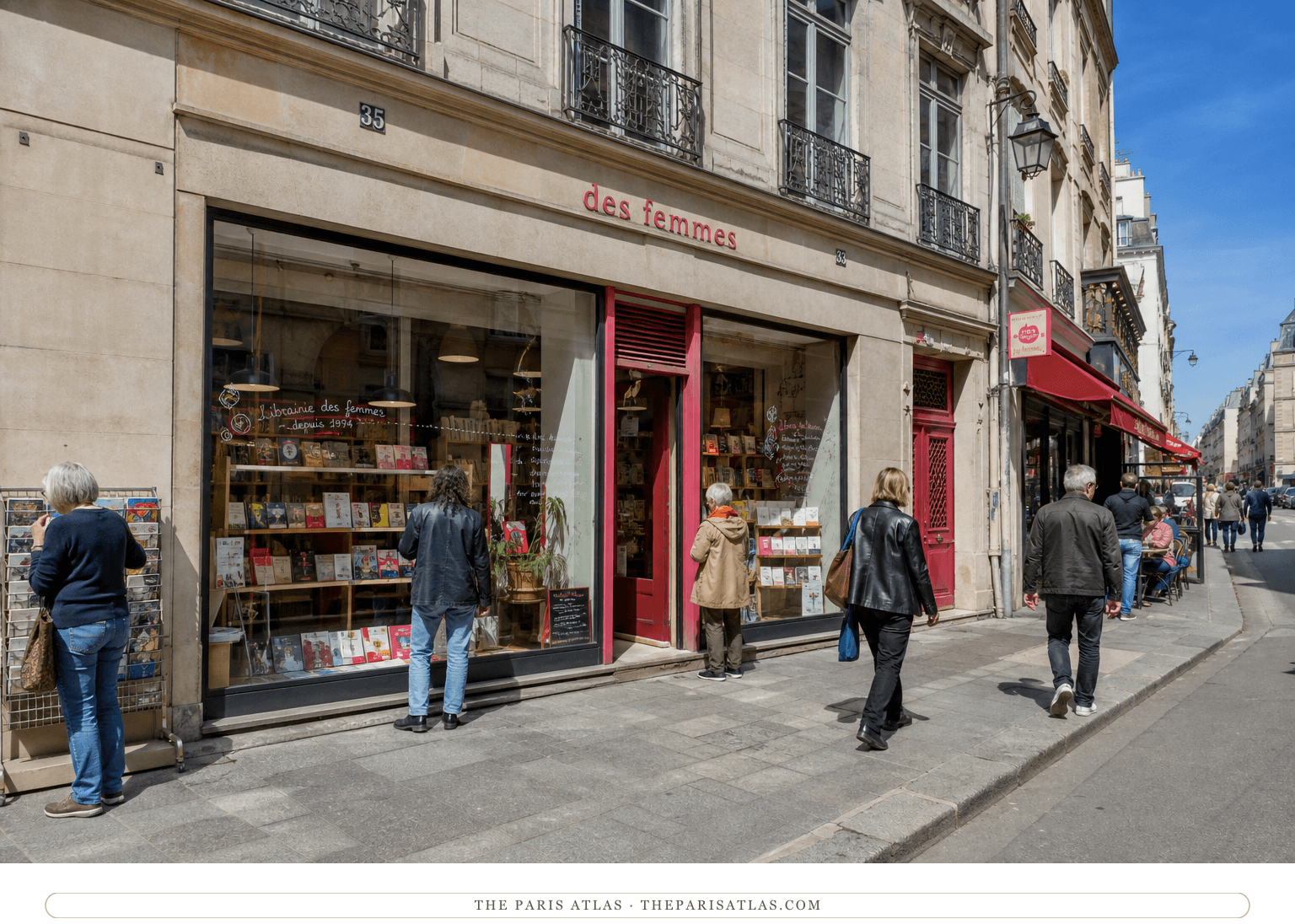 Bright color view of readers outside the Librairie des Femmes at 35 rue Jacob