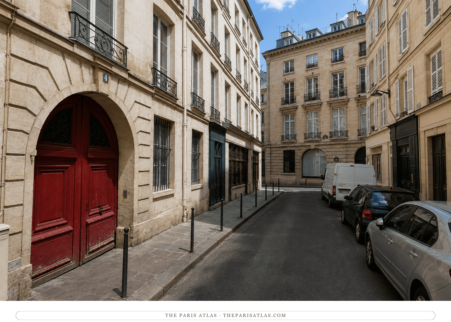 The 4 rue de Savoie doorway in color, dark red double doors under the stone arch, the narrow street beyond in summer light