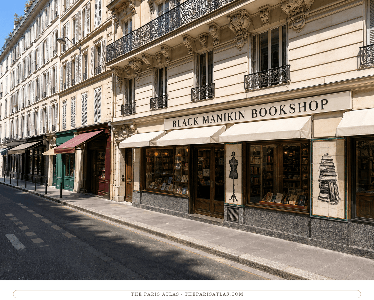 The same imagined Black Manikin shopfront in colour, cream awnings and green tilework against a pale stone Haussmann façade