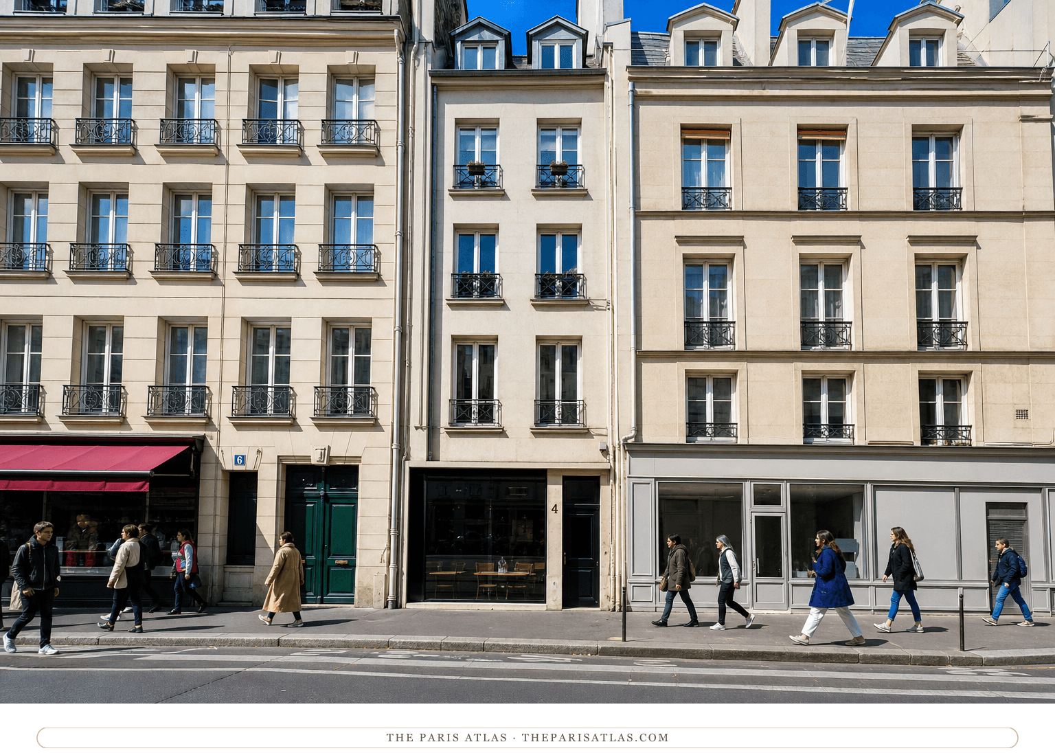 Colour photorealistic view of 4 rue Delambre beneath a bright blue sky