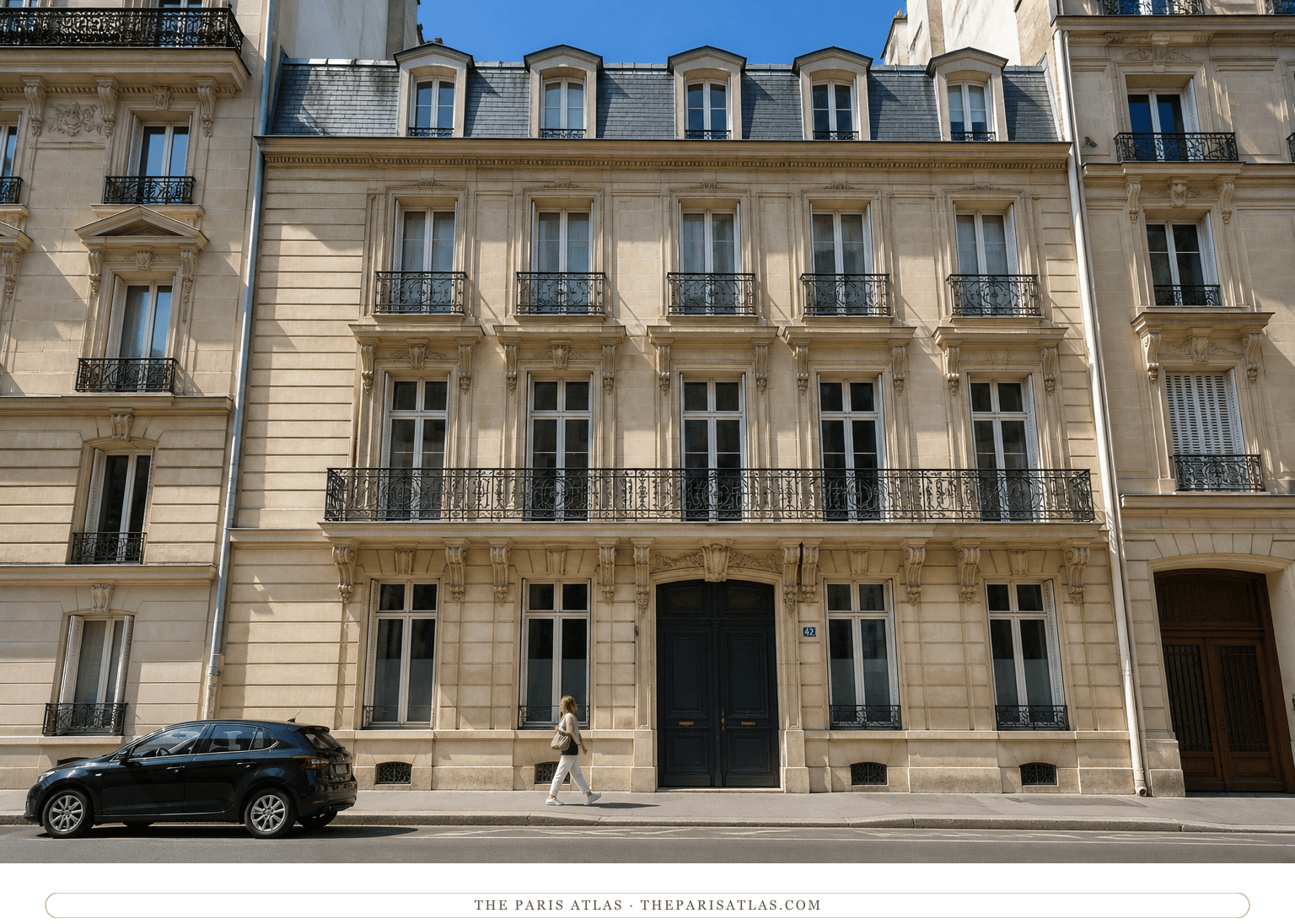 Colour photorealistic view of 42 rue de Londres beneath a bright blue sky