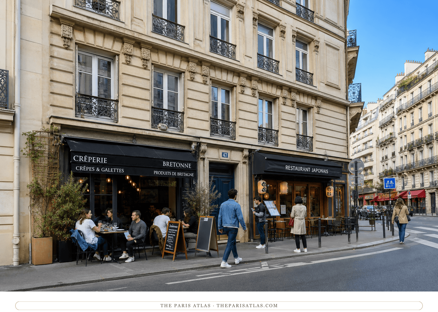 Bright color view of diners and pedestrians outside number 47 today