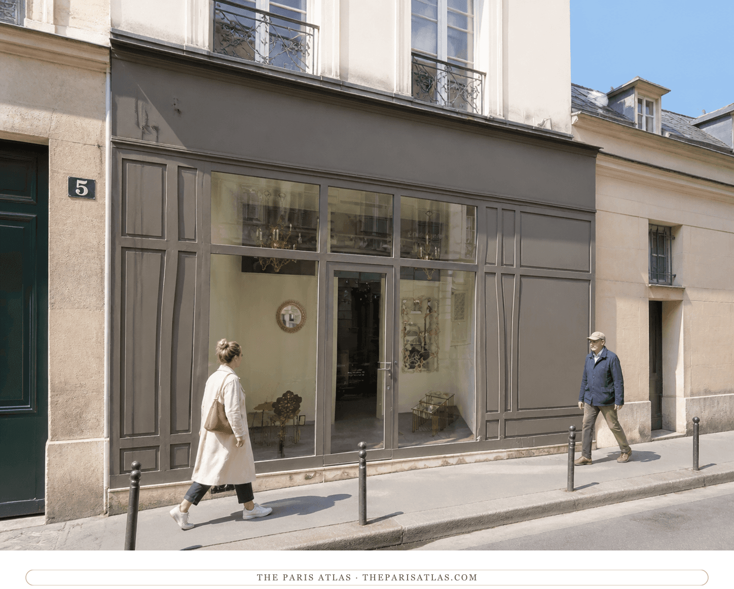 Colour photorealistic view of 5 rue Bonaparte beneath a bright blue sky