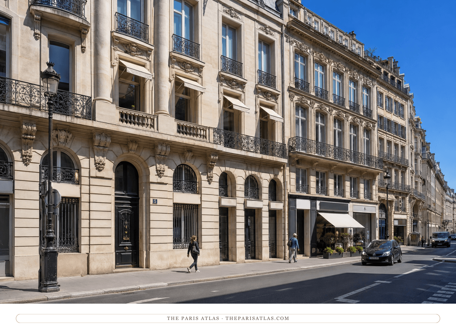 Colour photorealistic view near 5 rue Francois-Ier beneath a bright blue sky
