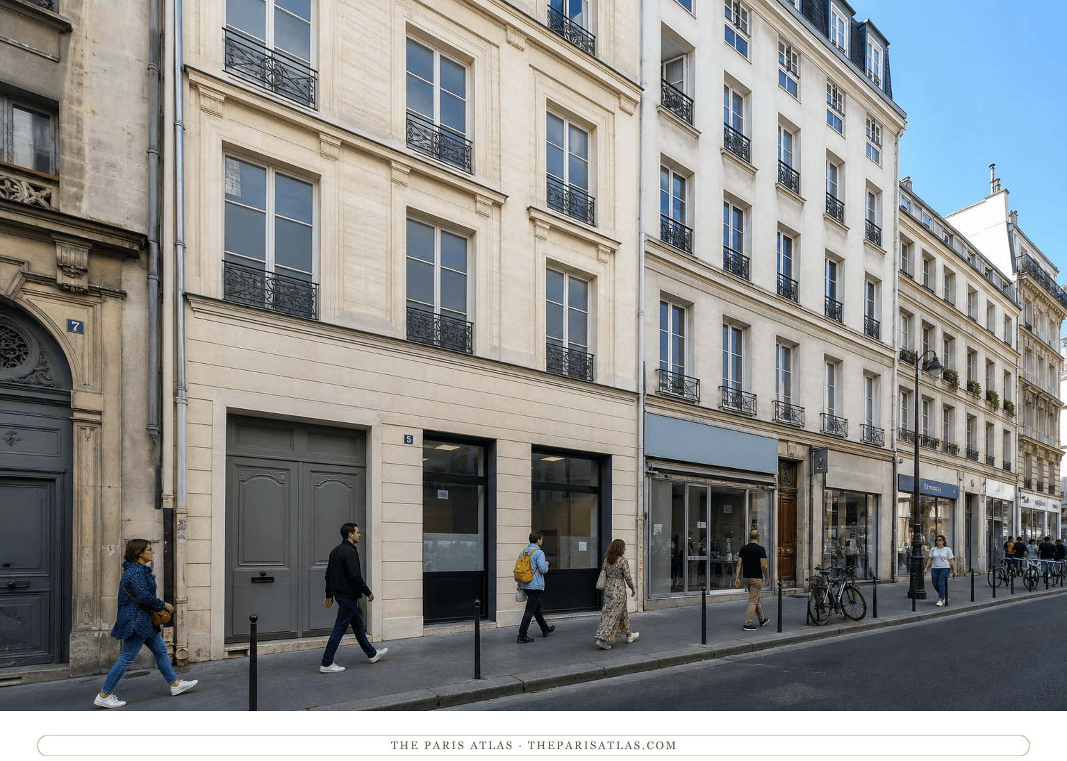 Bright color view of pedestrians beside number 5 on rue Lamartine