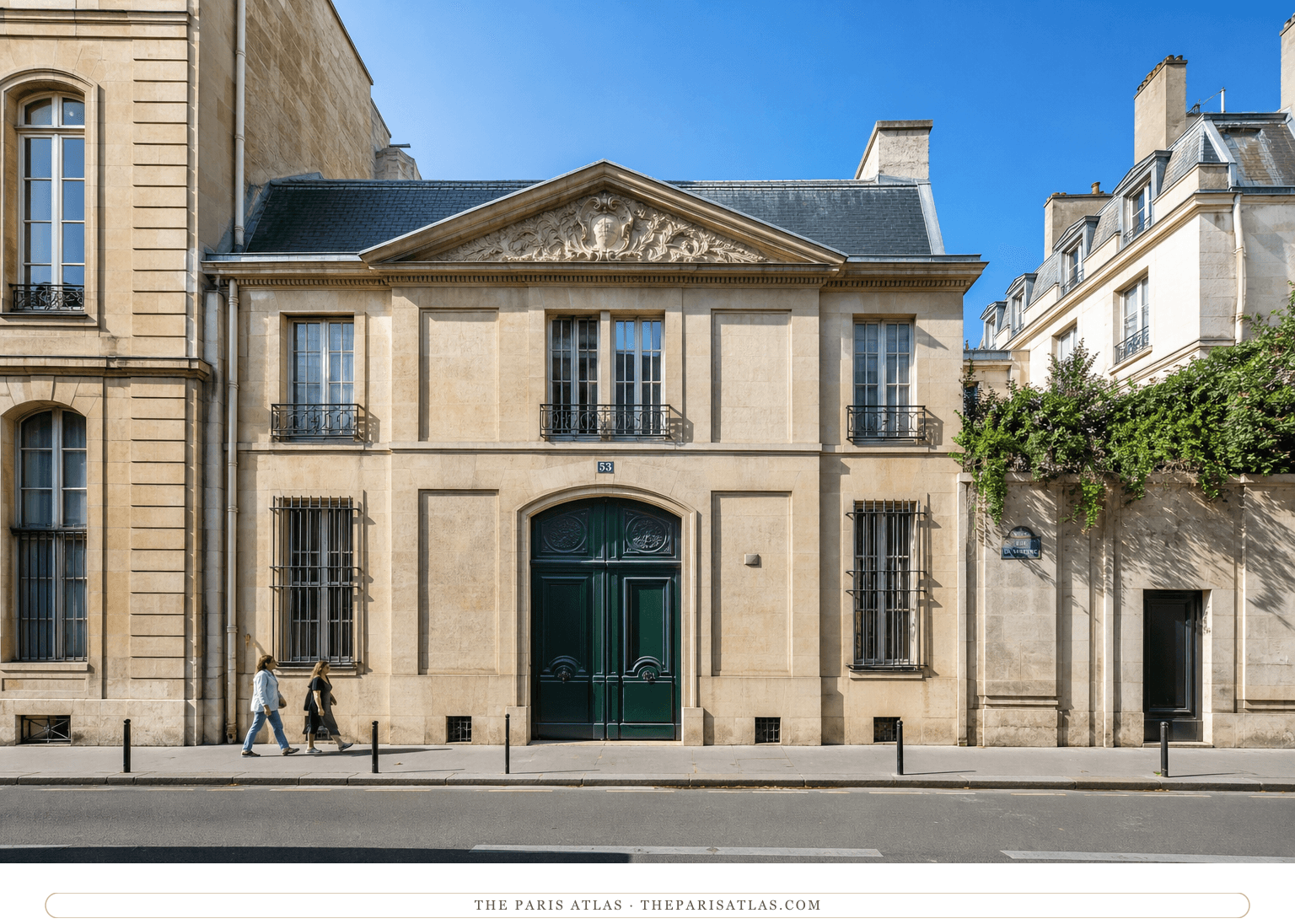 Colour photorealistic view of 53 rue de Varenne beneath a bright blue sky