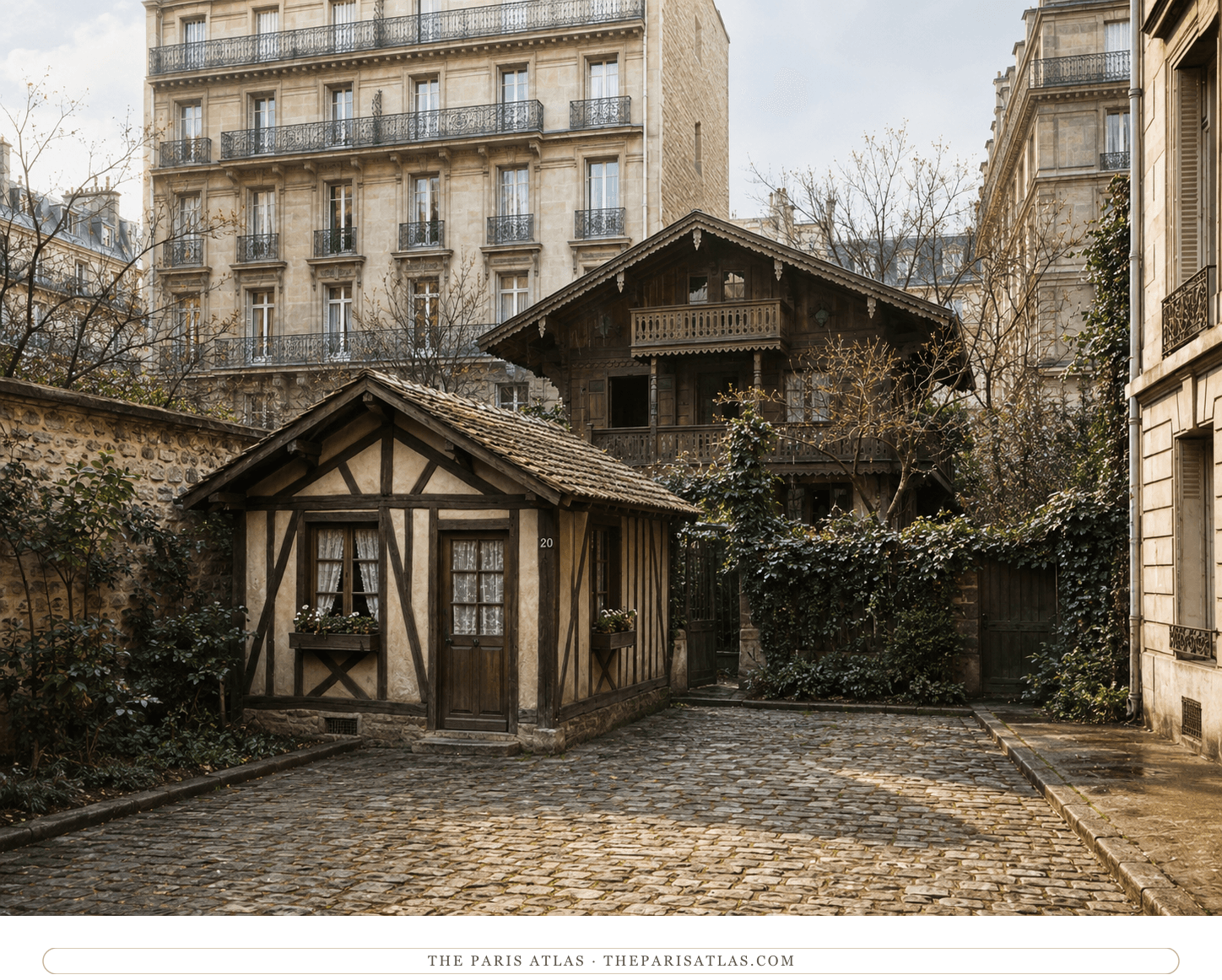 The same ivy-covered wooden chalet in colour, warm timber walls and green shutters in a leafy garden