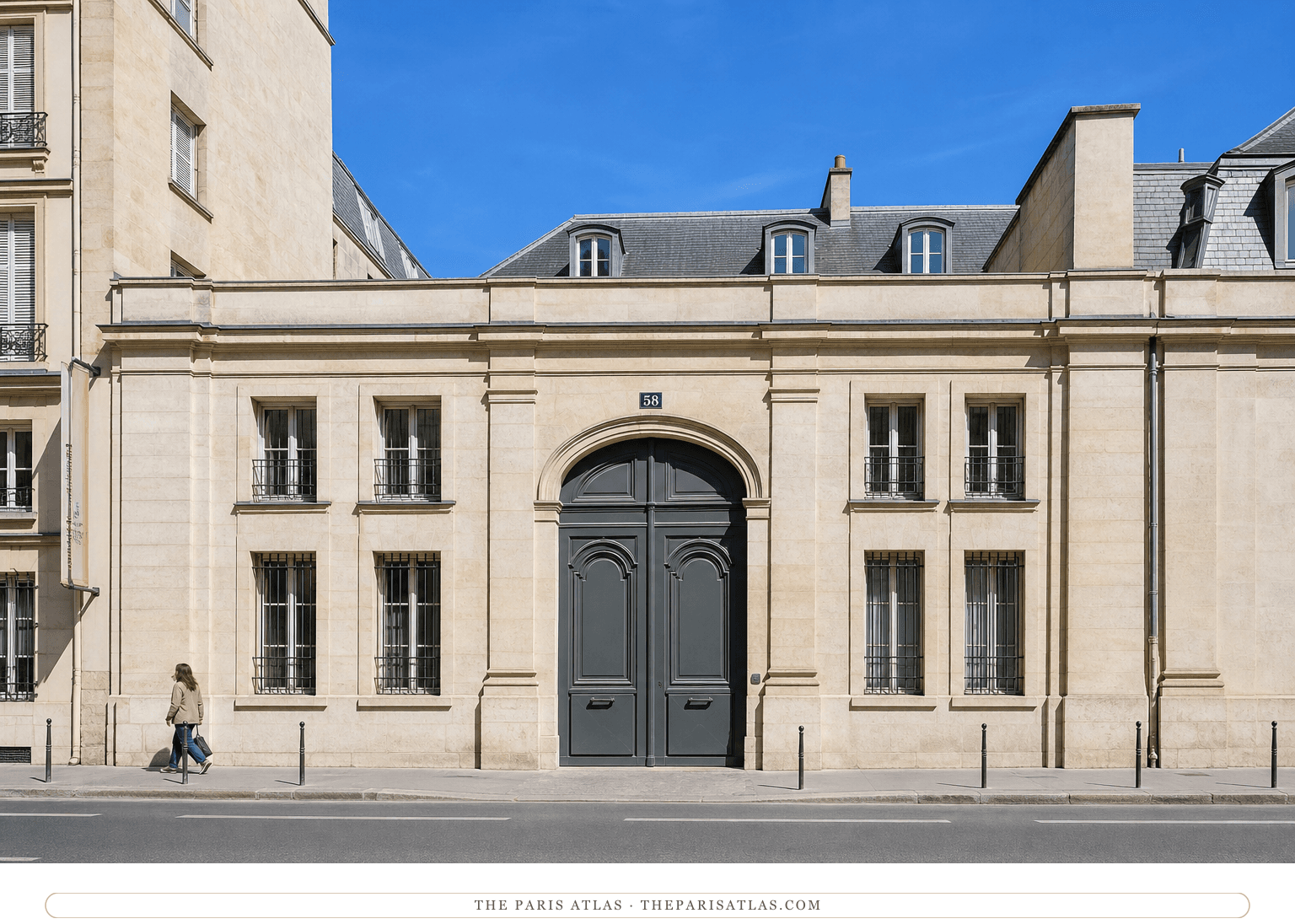 Colour photorealistic view of 58 rue de Varenne beneath a bright blue sky