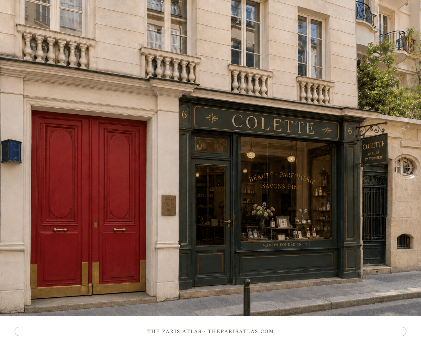 The imagined Colette beauty-shop storefront in colour, a dark-green front with gold lettering and a display of perfumes