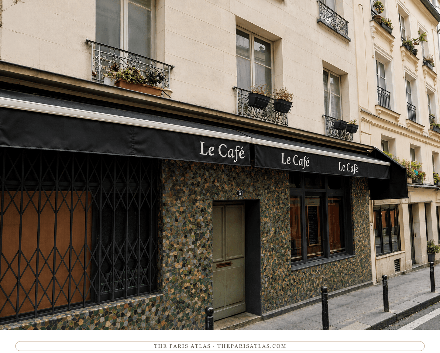 The front of 6 rue du Pot de Fer today in colour — green and ochre mosaic tiling around a pale green door, black awnings, geraniums on the ironwork balconies above