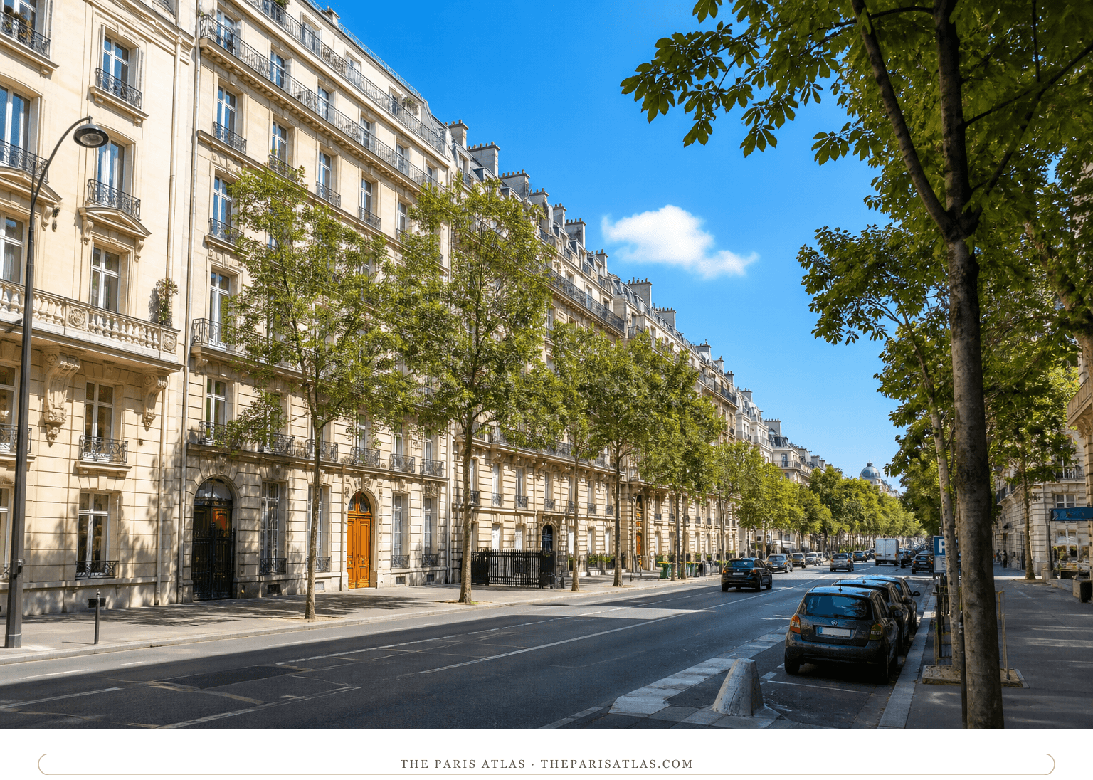 Bright colour photorealistic street view of avenue Marceau beneath a blue sky