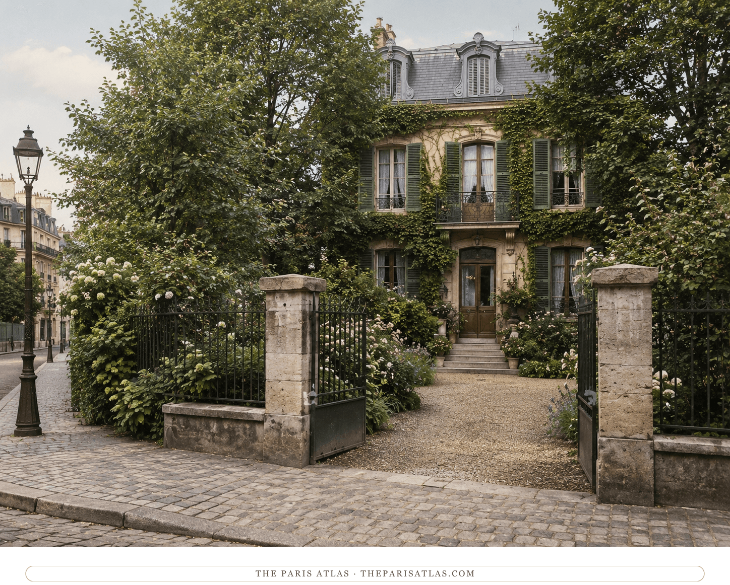 The same mansion and garden in colour, pale stone behind mature trees