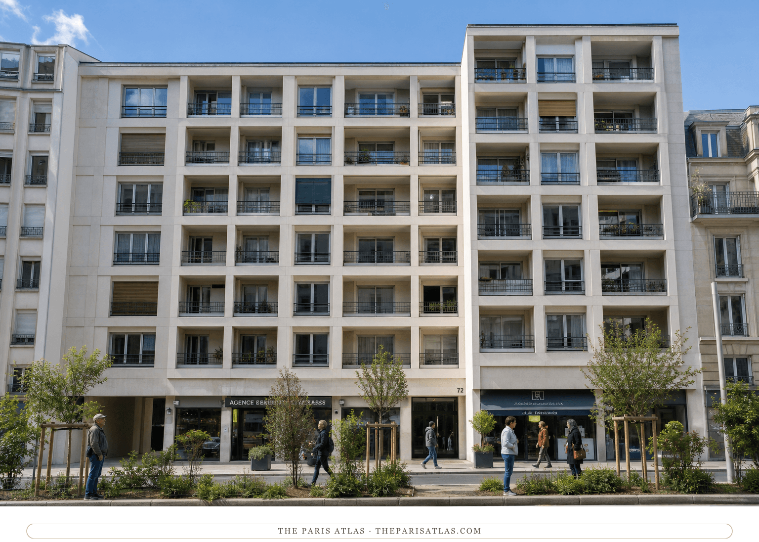 Bright color view of residents outside the replacement block at number 72