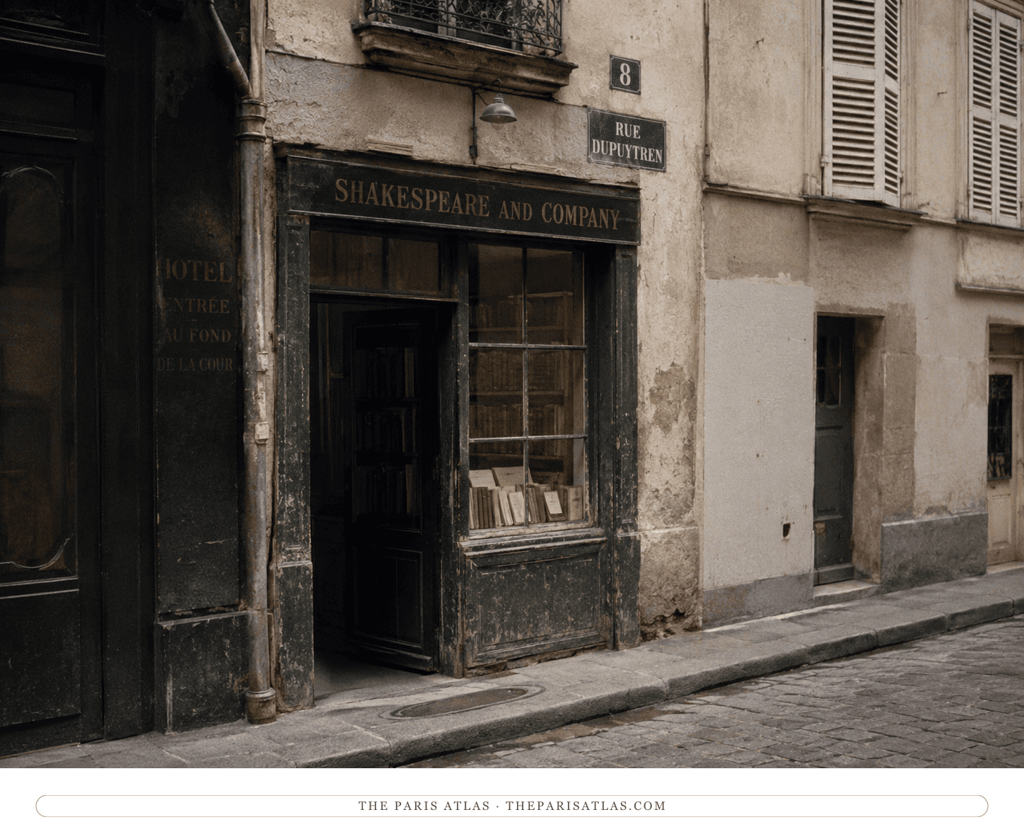 The narrow shopfront at 8 rue Dupuytren rendered in color — weathered wood, cobbles, and the tiny bookshop window
