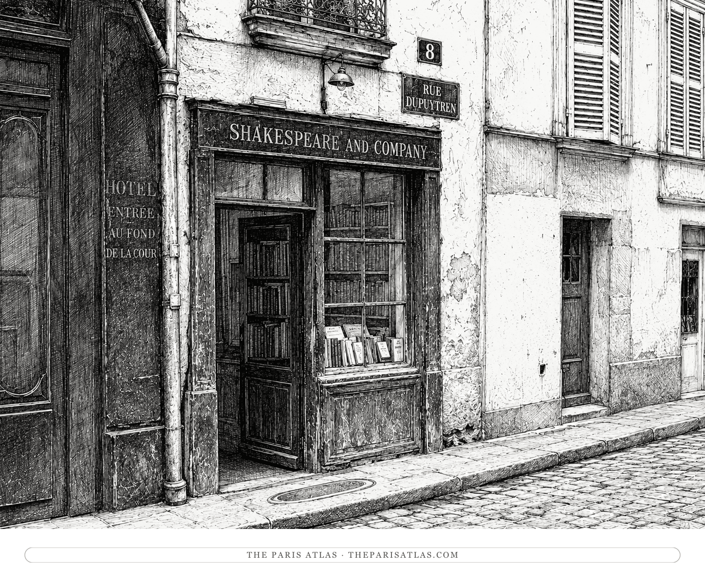Pen-and-ink illustration of the small first Shakespeare and Company shopfront at 8 rue Dupuytren — one door, one book-filled window, the street sign above