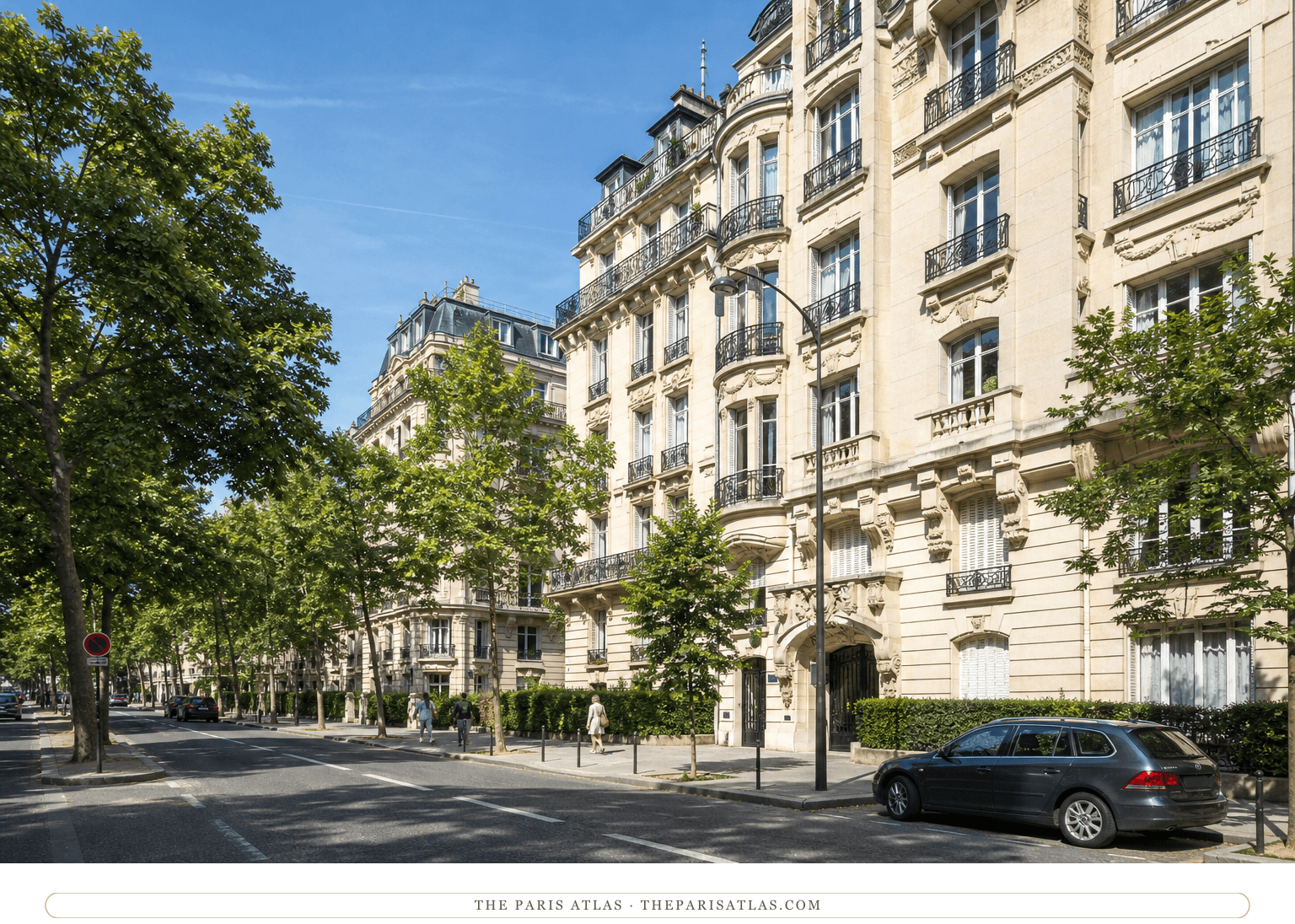 Colour photorealistic view of the approximate avenue Foch site beneath a bright blue sky