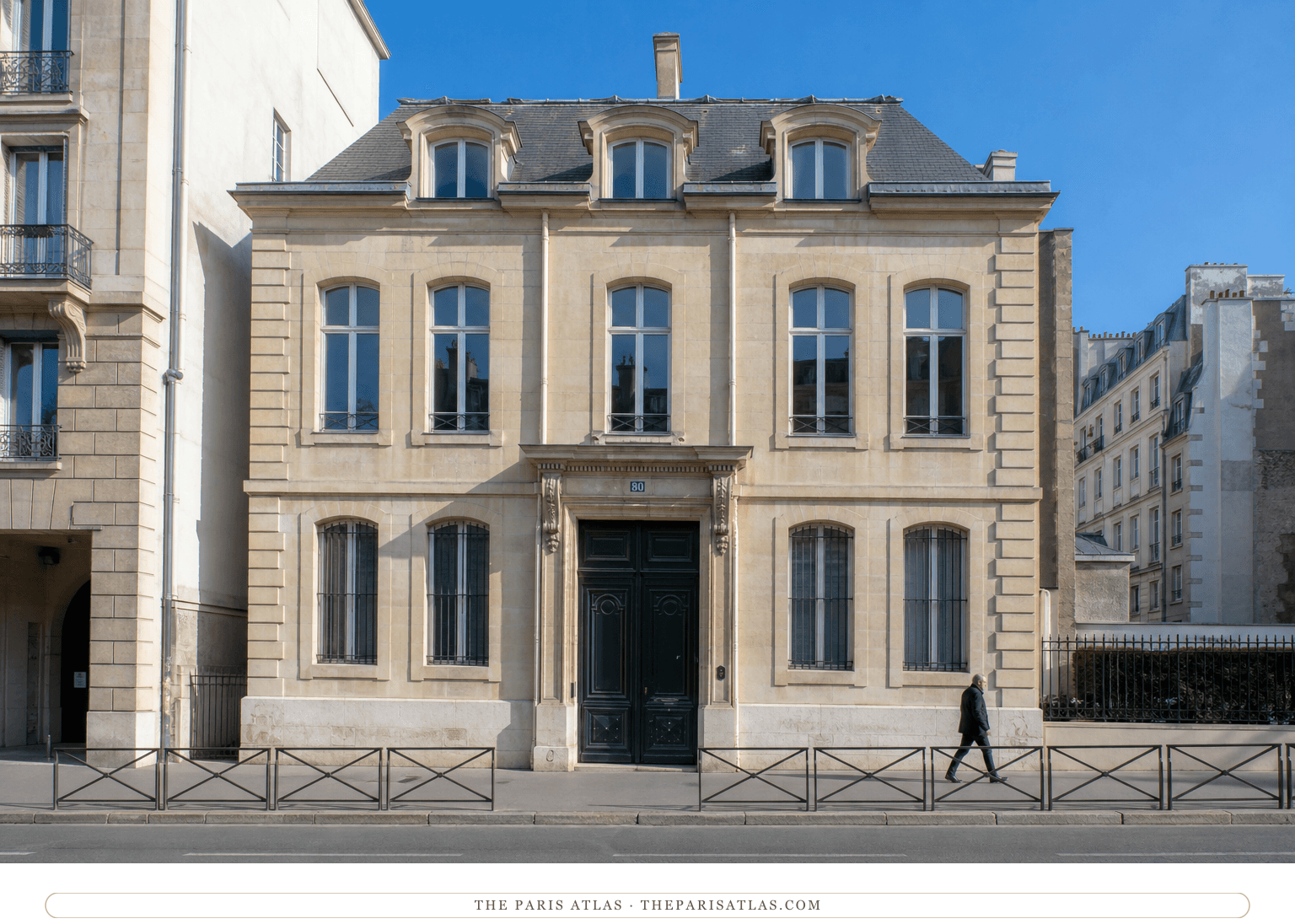 Colour photorealistic view of 80 rue de l'Universite beneath a bright blue sky