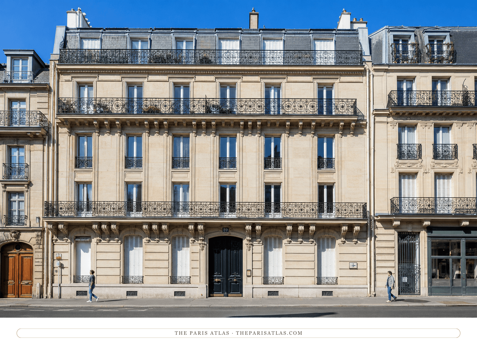 Colour photorealistic view of 89 rue de Rome beneath a bright blue sky