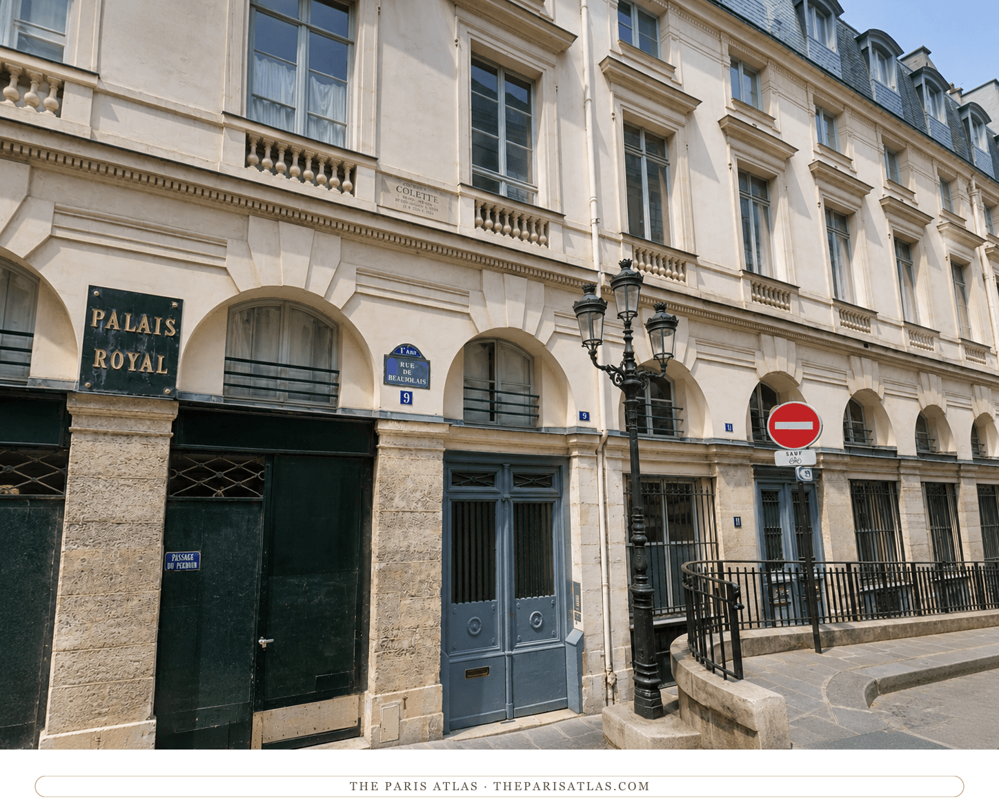 The 9 rue de Beaujolais frontage in colour, its doorway, street lamp and Palais-Royal wall sign