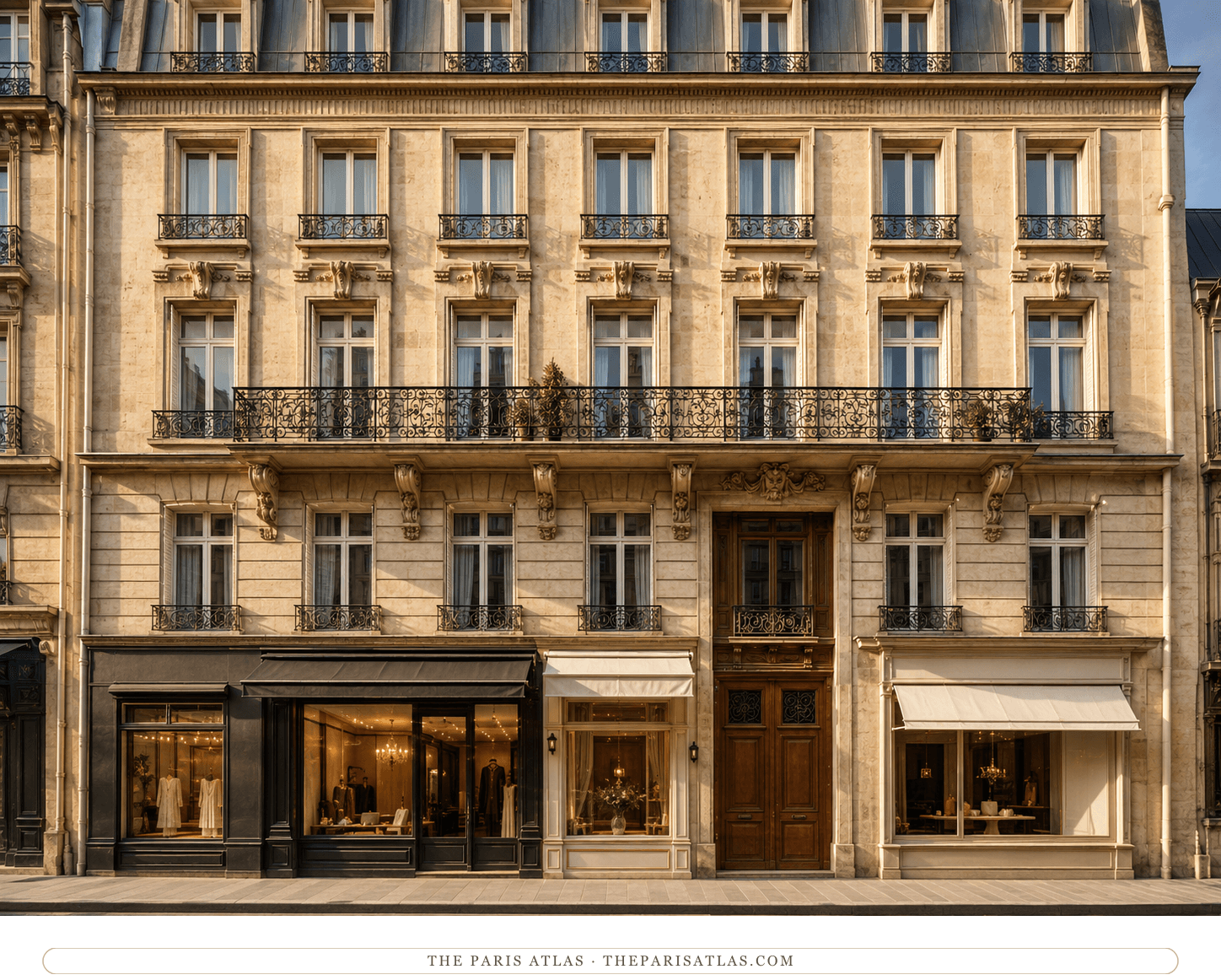 The 93 rue de Courcelles frontage in colour, its stone façade and street-level shops near Parc Monceau