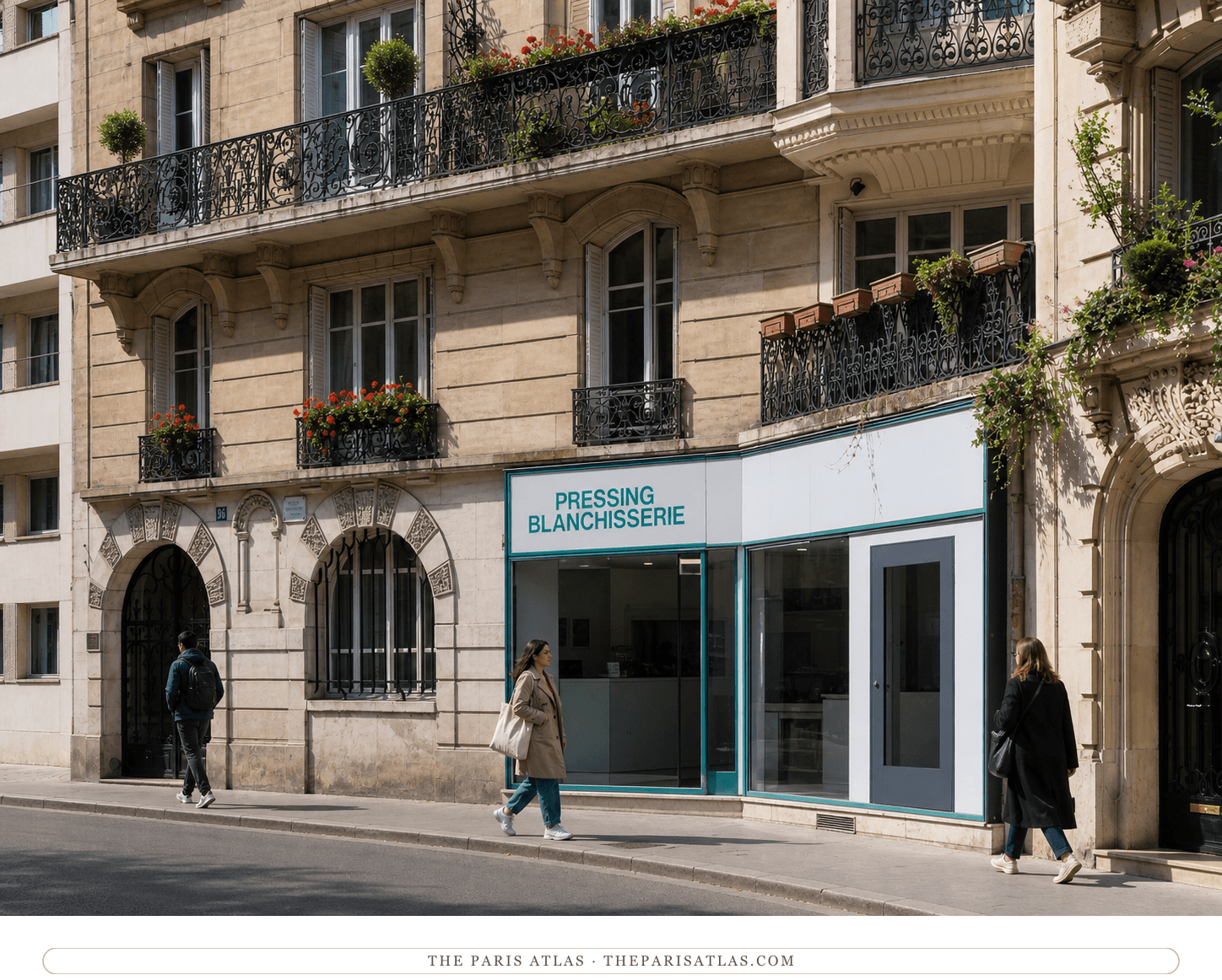 Color street view of the arched entrances, iron balconies and dry-cleaning storefront at 96 rue Jean-de-La-Fontaine