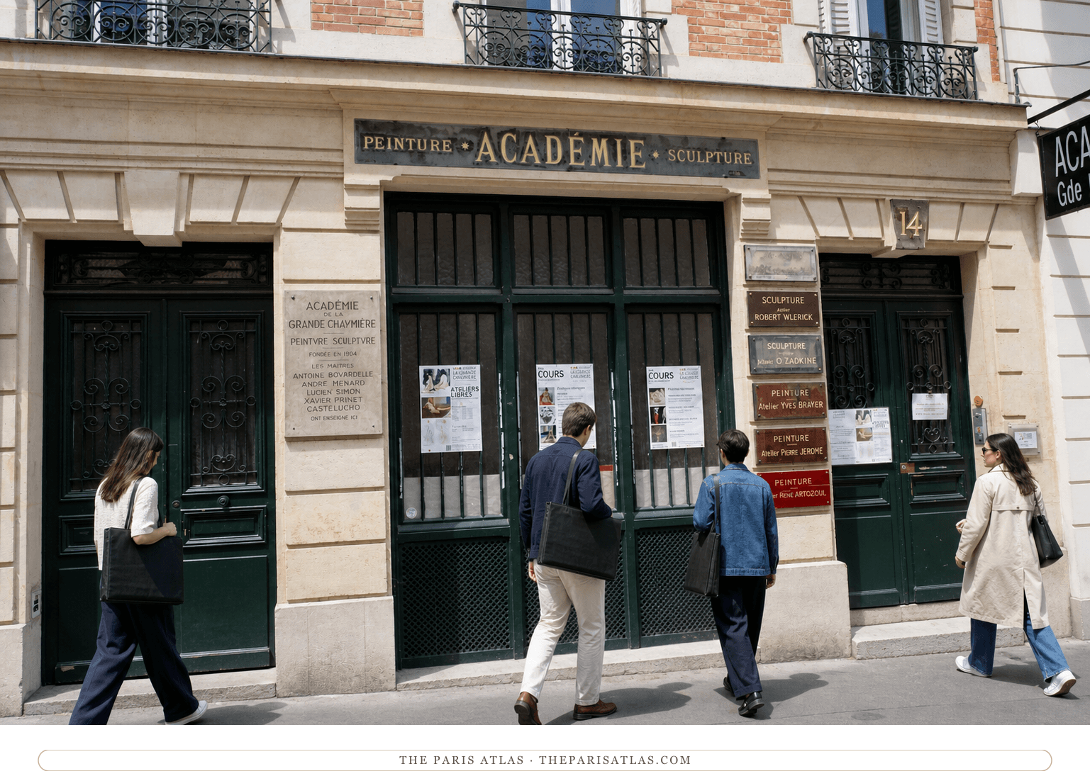 Bright present-day view of the Académie de la Grande Chaumière entrance beneath a blue sky