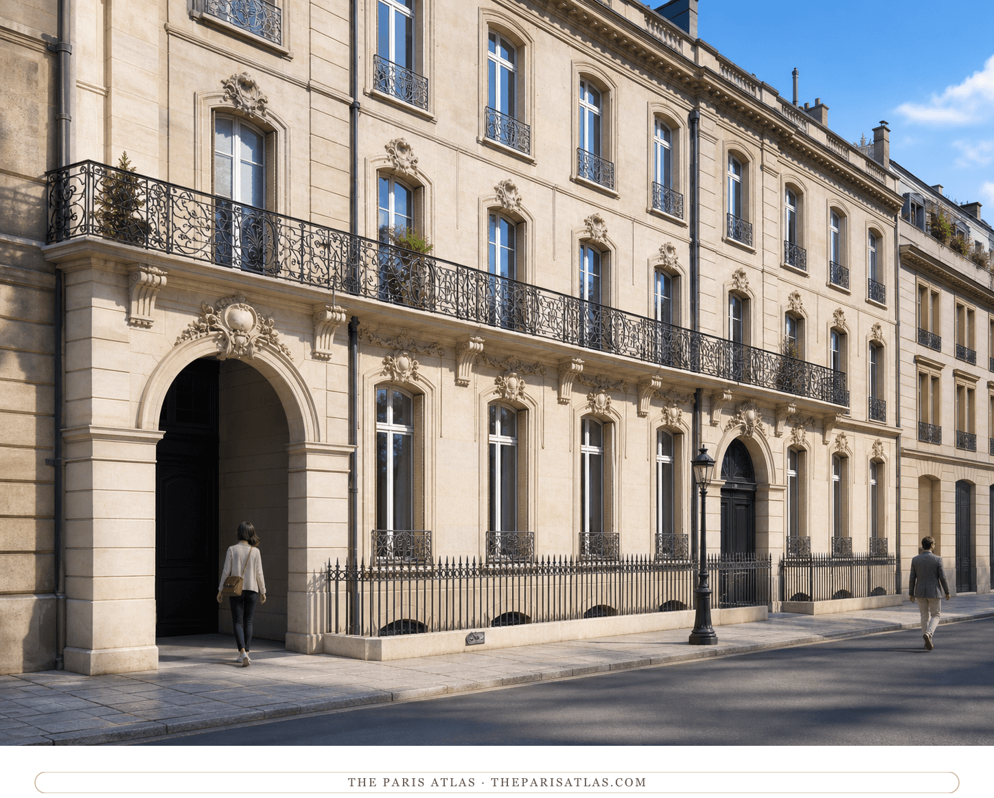 Color present-day editorial view of the pale stone mansion at 10 rue de l'Élysée with its long iron balcony