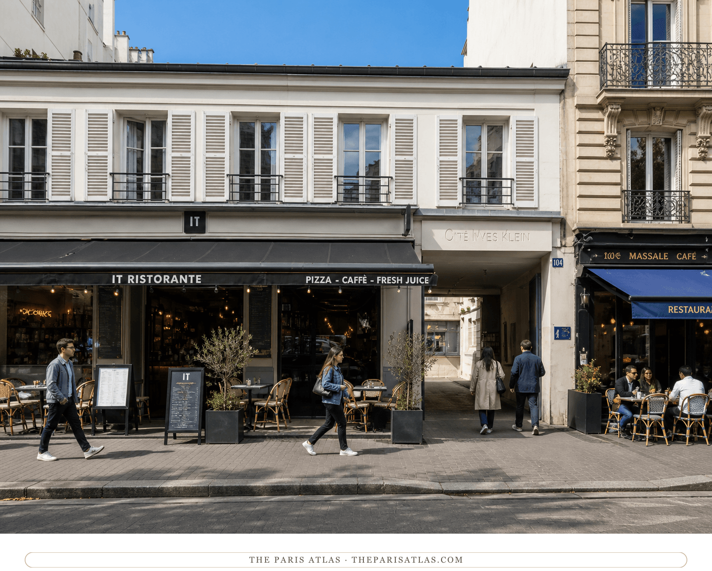 Bright present-day color view of restaurants and the passage at 104 boulevard de Clichy