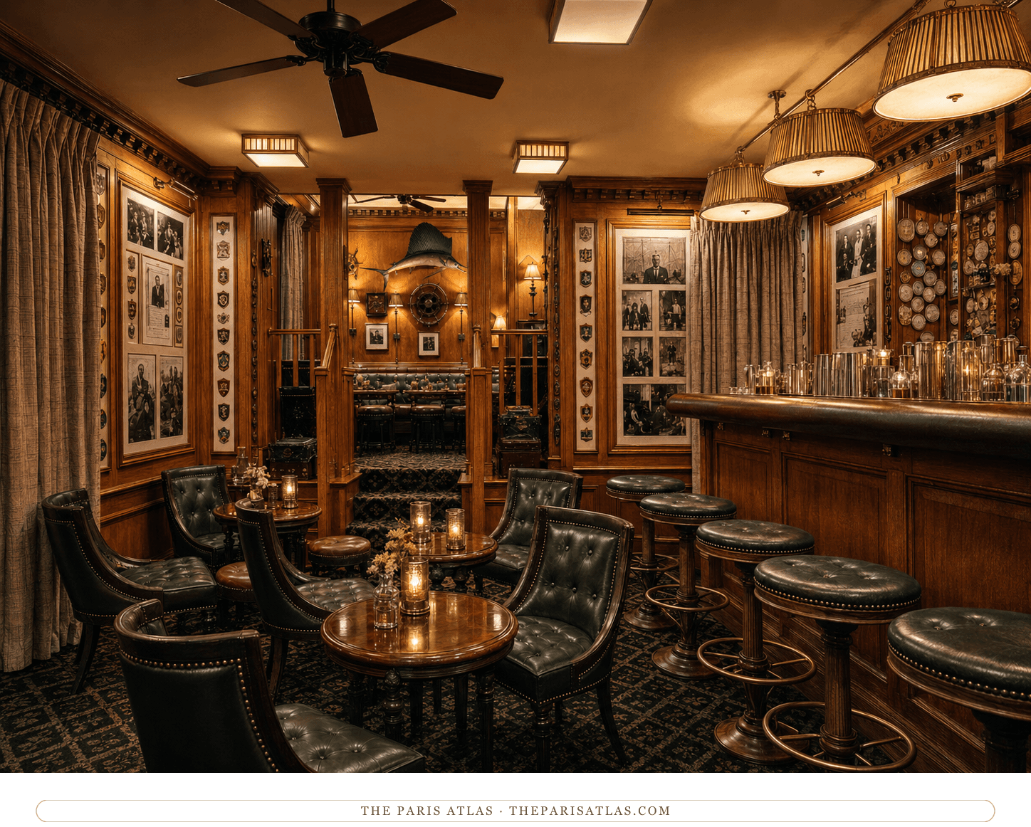 Bar Hemingway at the Ritz Paris in warm evening light — candles on the low tables, brass lamps over the counter, green leather and dark wood