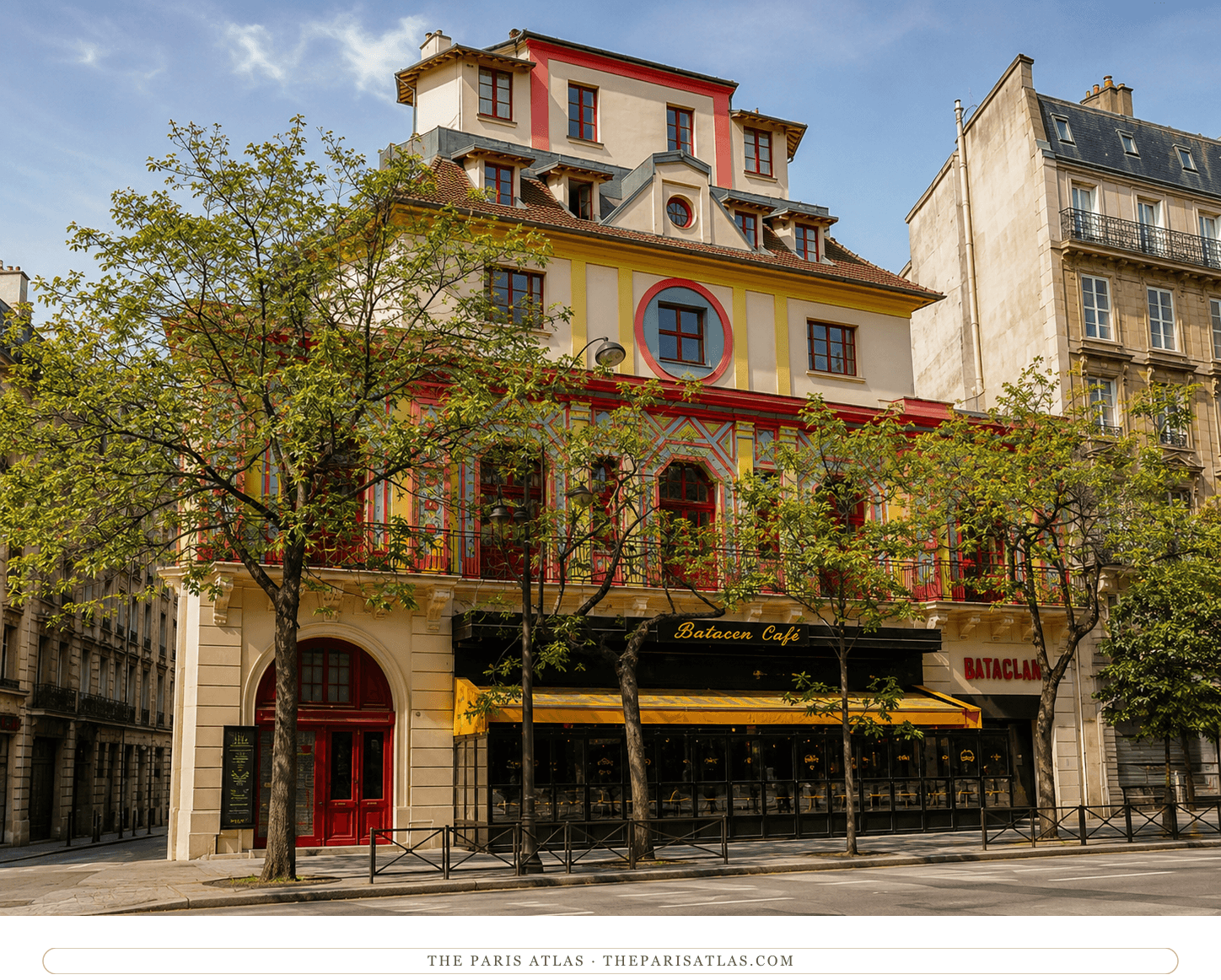 The Bataclan façade and café terrace in colour on boulevard Voltaire