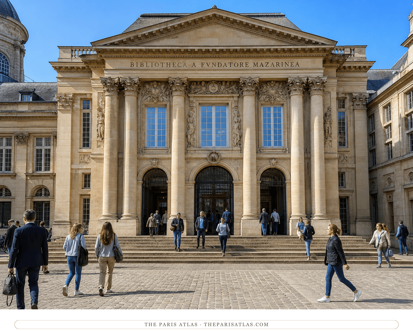 Present-day color view of the Bibliothèque Mazarine entrance in bright courtyard sunlight