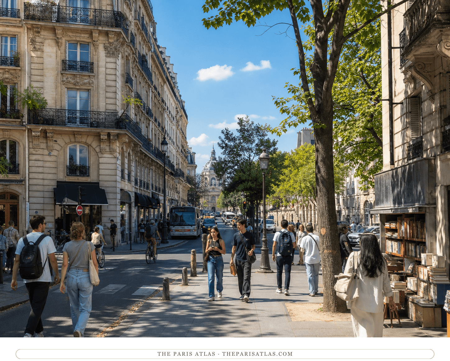 Bright present-day view of students, bookstalls and pale stone façades on Boulevard Saint-Michel