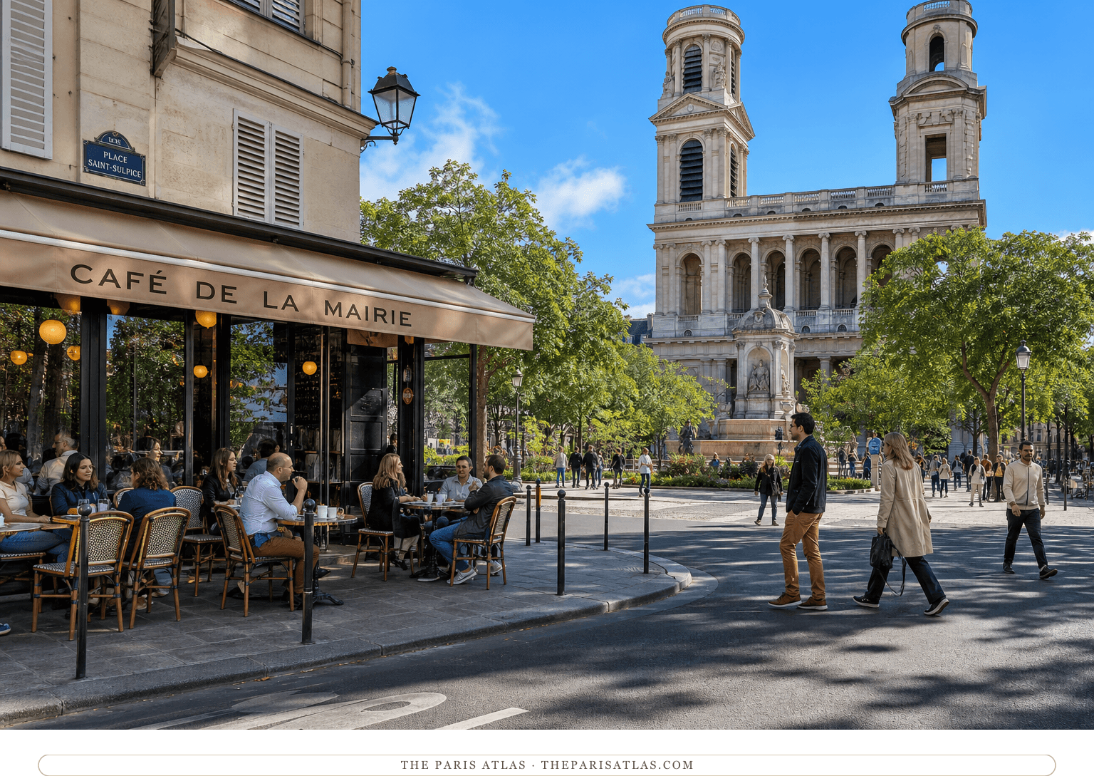 Colour photorealistic exterior view of the Cafe de la Mairie beneath a bright blue sky