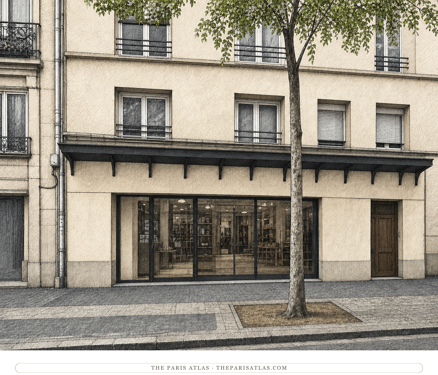 Colour illustration of the modern streetscape at the approximate former site of Café Guerbois