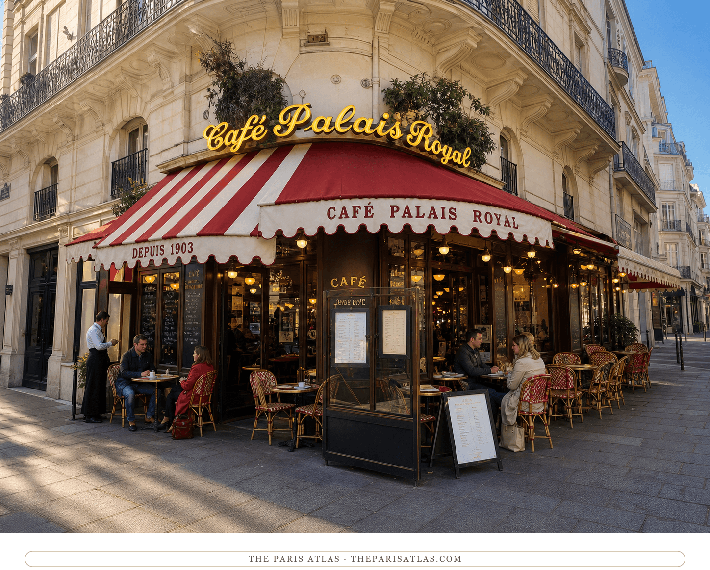 Café Palais Royal's red-awning corner storefront at 202 rue Saint-Honoré in the present day