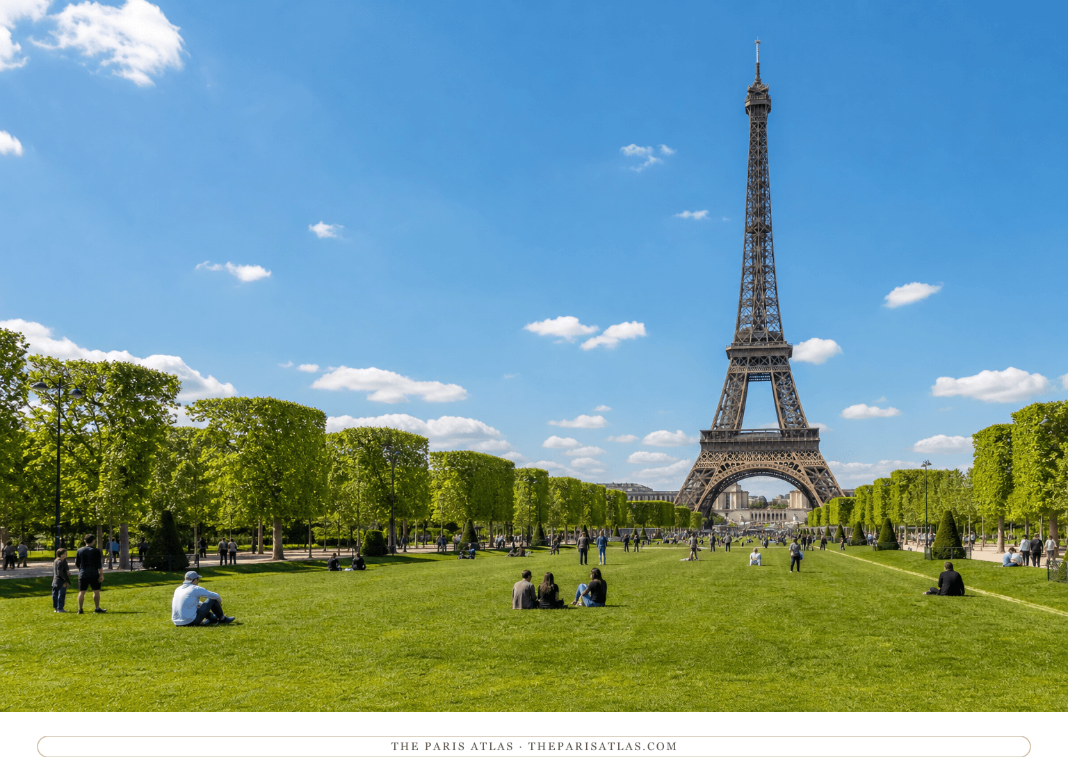 Bright colour photorealistic view of the Champ-de-Mars and Eiffel Tower beneath a blue sky