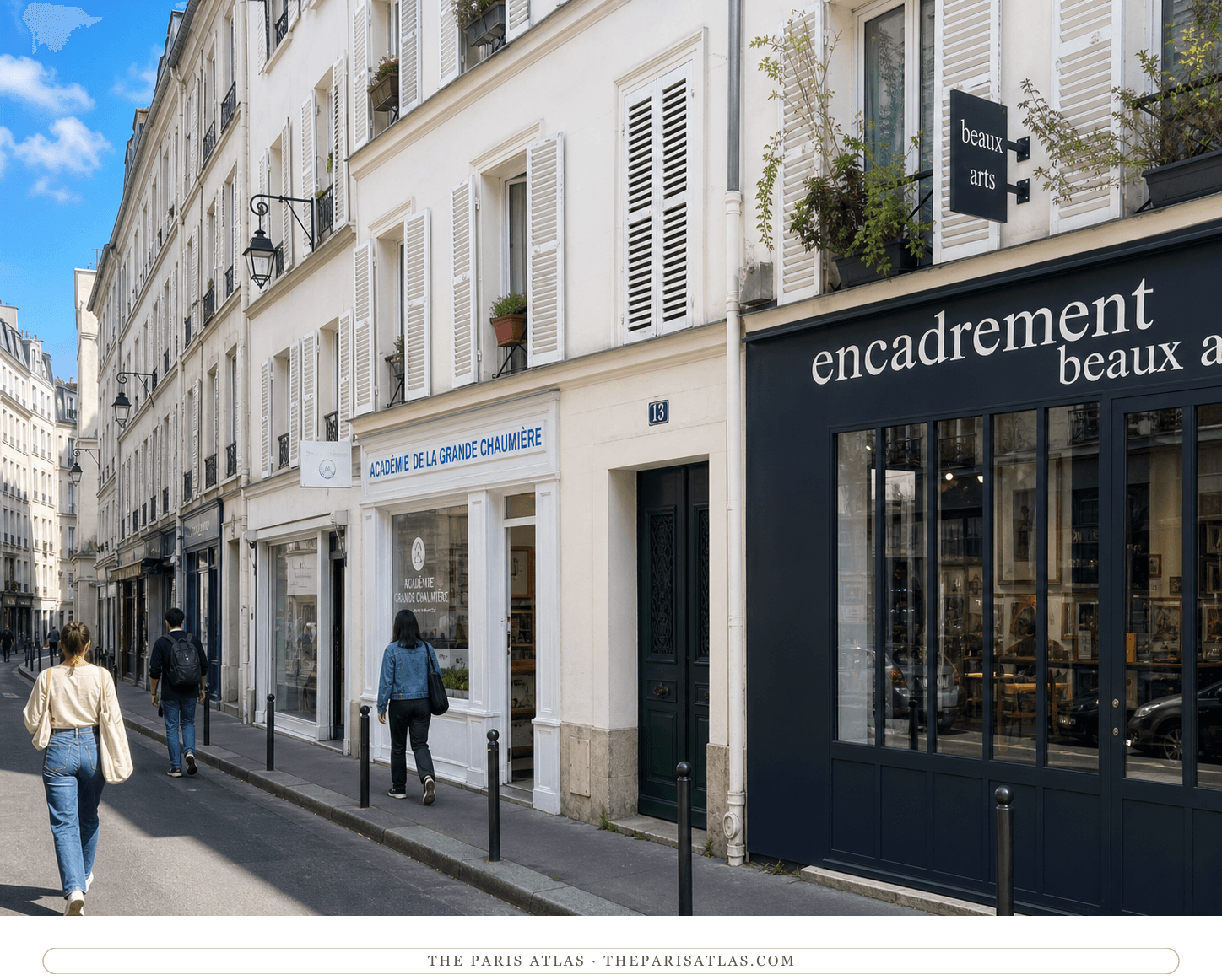 Bright present-day color view of 13 rue de la Grande-Chaumière